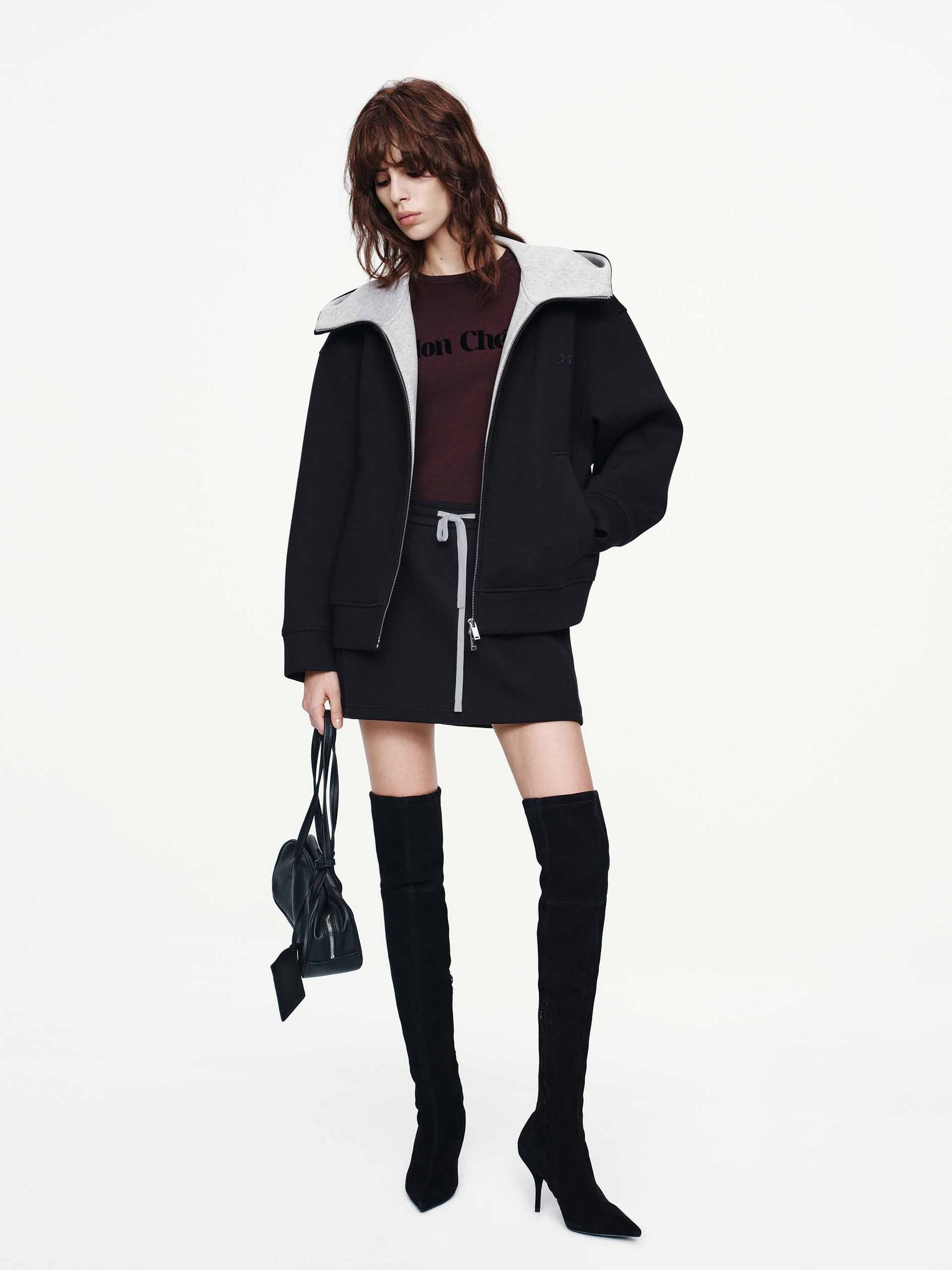 MO&Co. Women's Zip Up Hooded Sweatshirt in Black