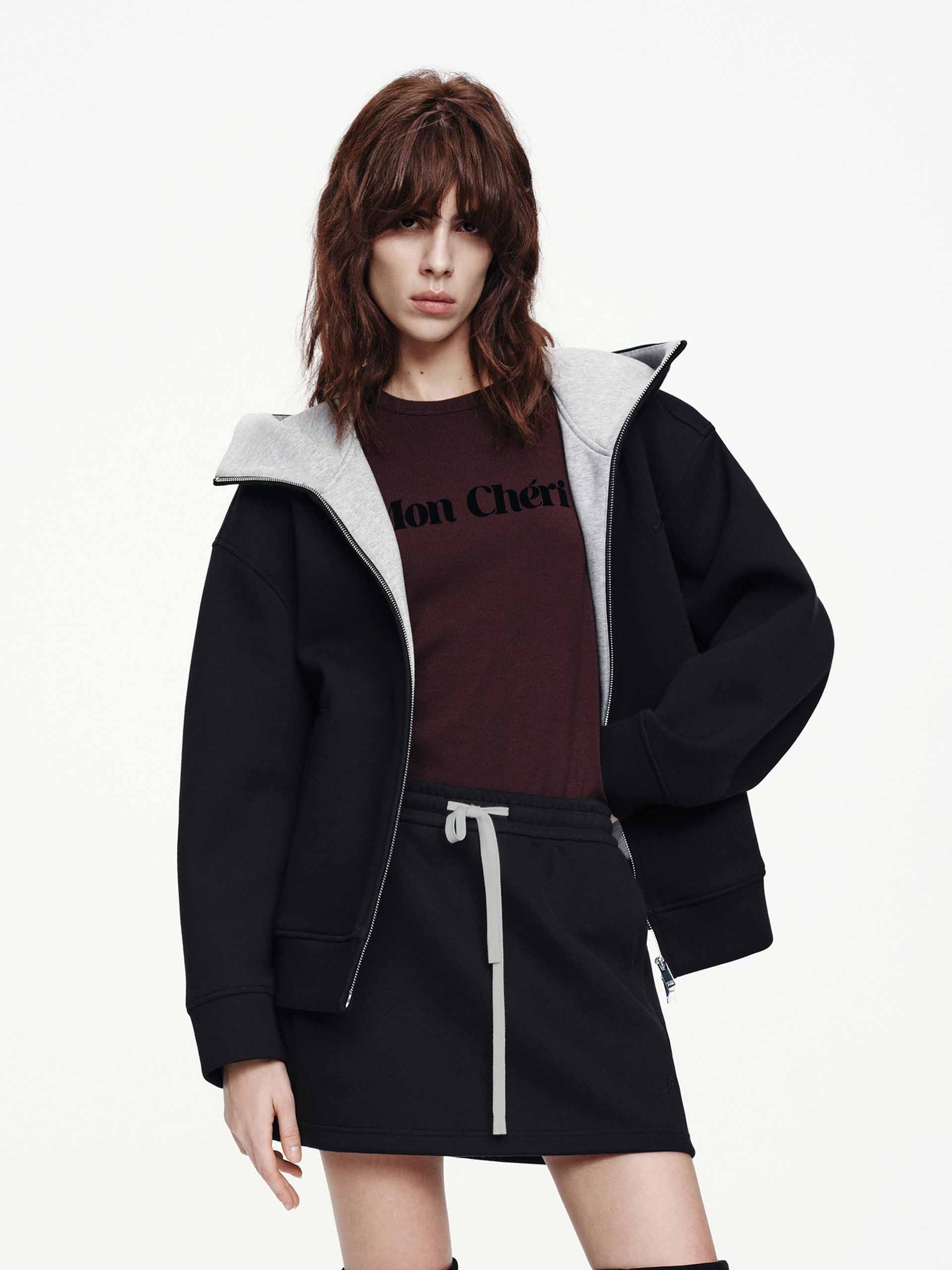 MO&Co. Women's Zip Up Hooded Sweatshirt in Black