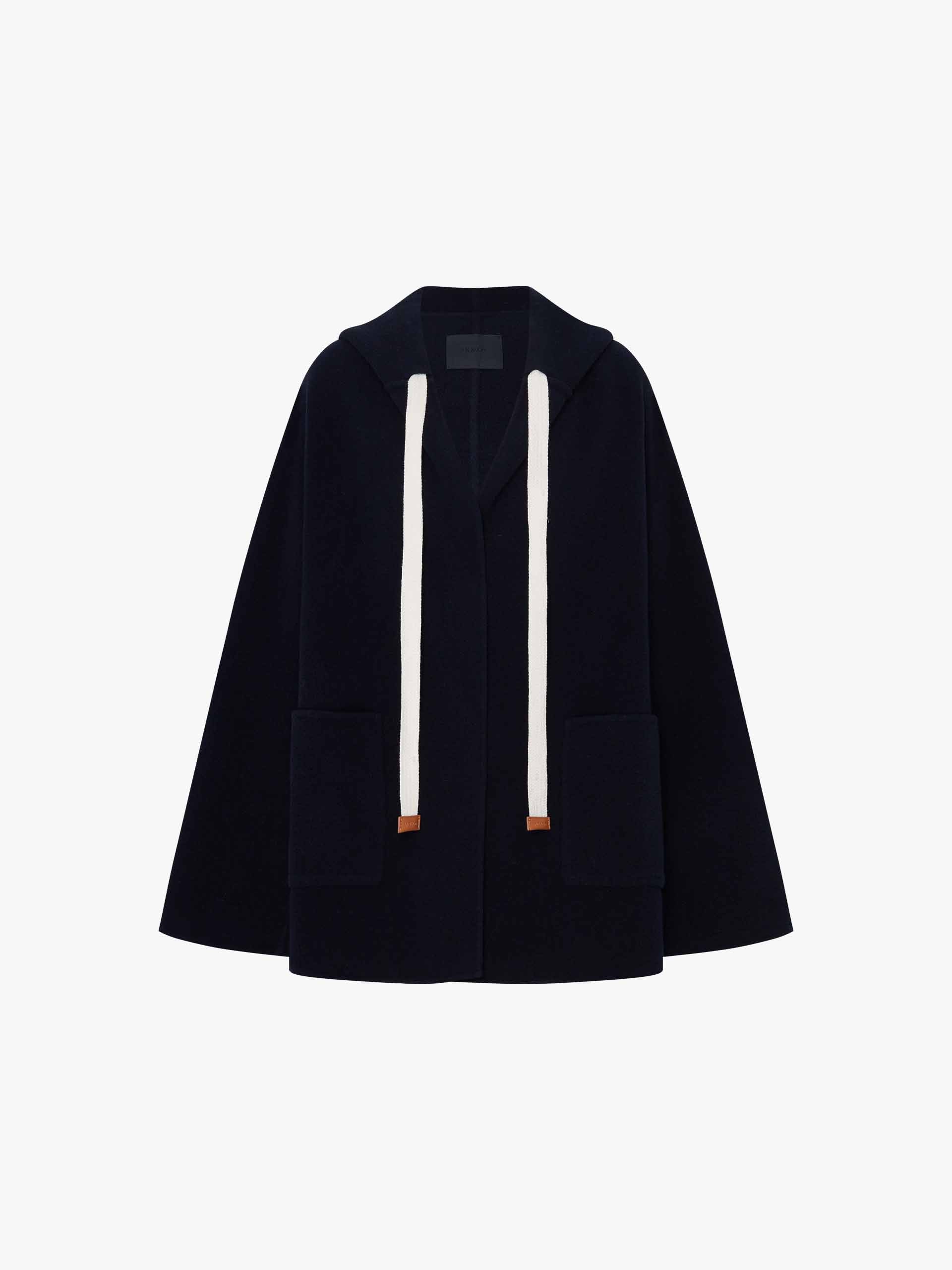 MO&Co. Women's Drawstring Detail Hood Pure Wool Coat in Navy