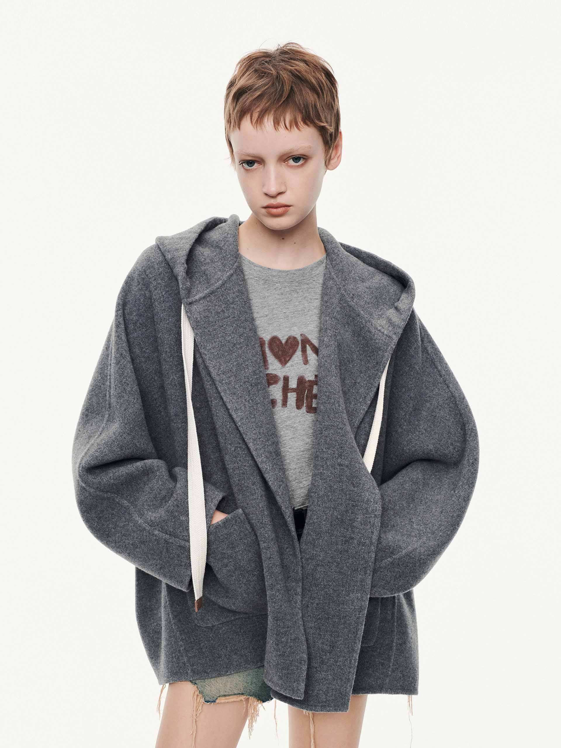 MO&Co. Women's Drawstring Detail Hood Pure Wool Coat in Grey