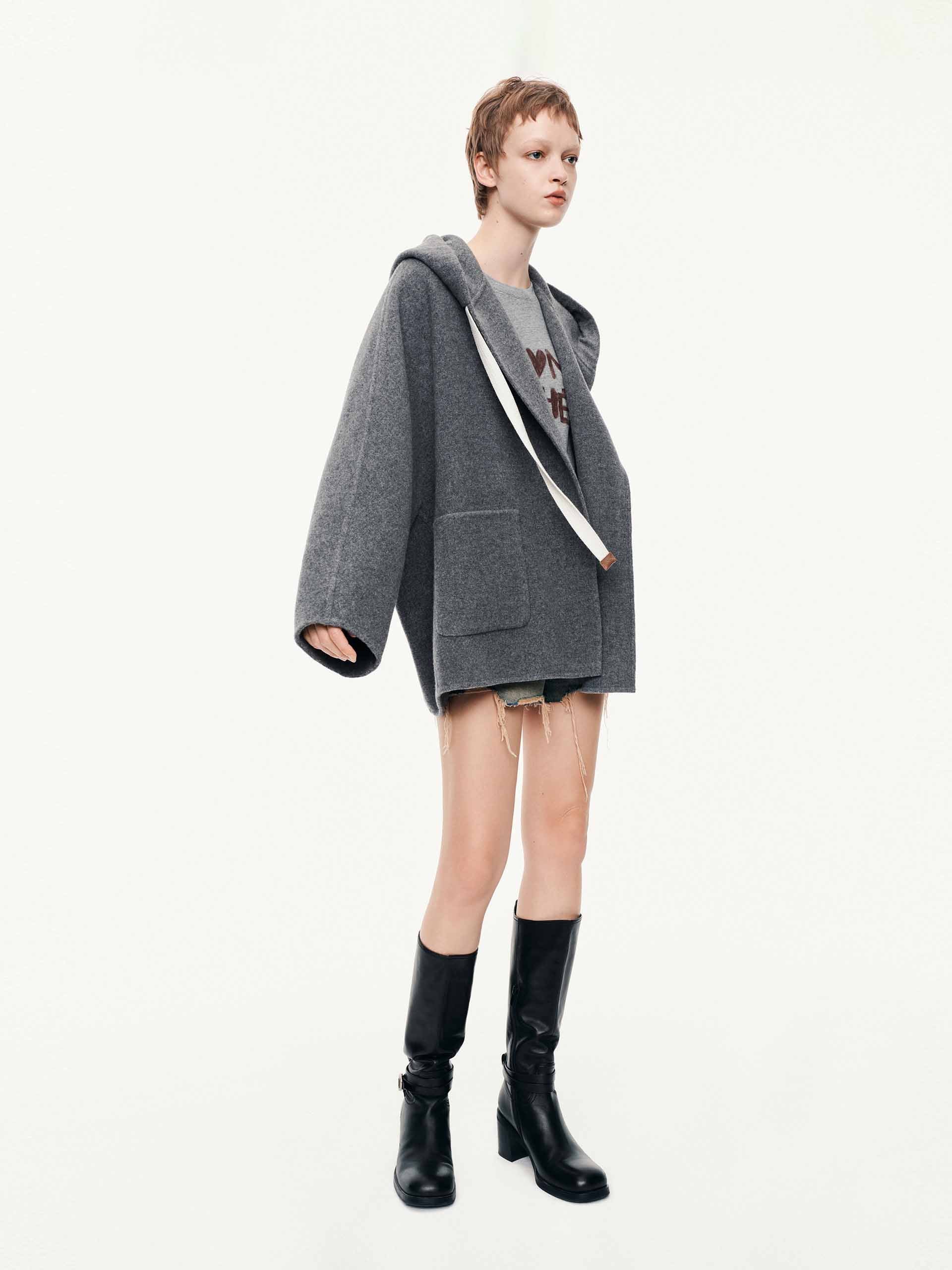 MO&Co. Women's Drawstring Detail Hood Pure Wool Coat in Grey