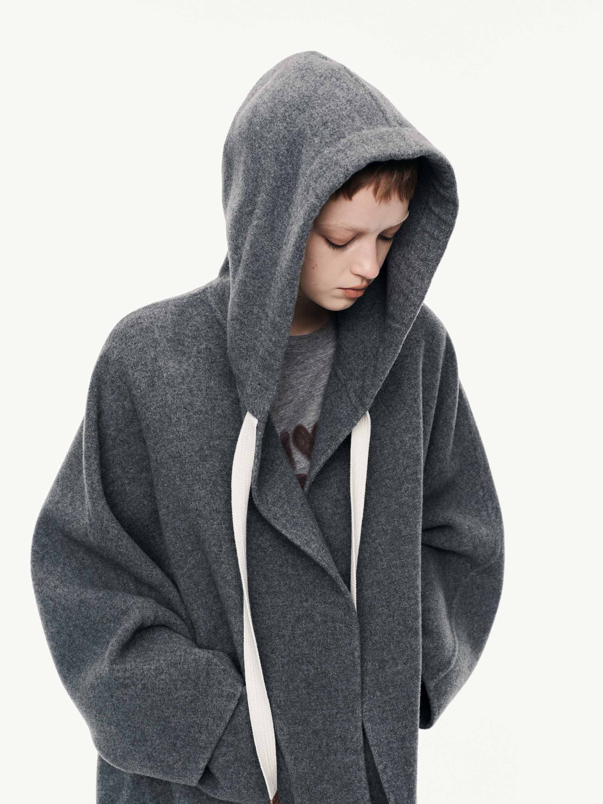 MO&Co. Women's Drawstring Detail Hood Pure Wool Coat in Grey
