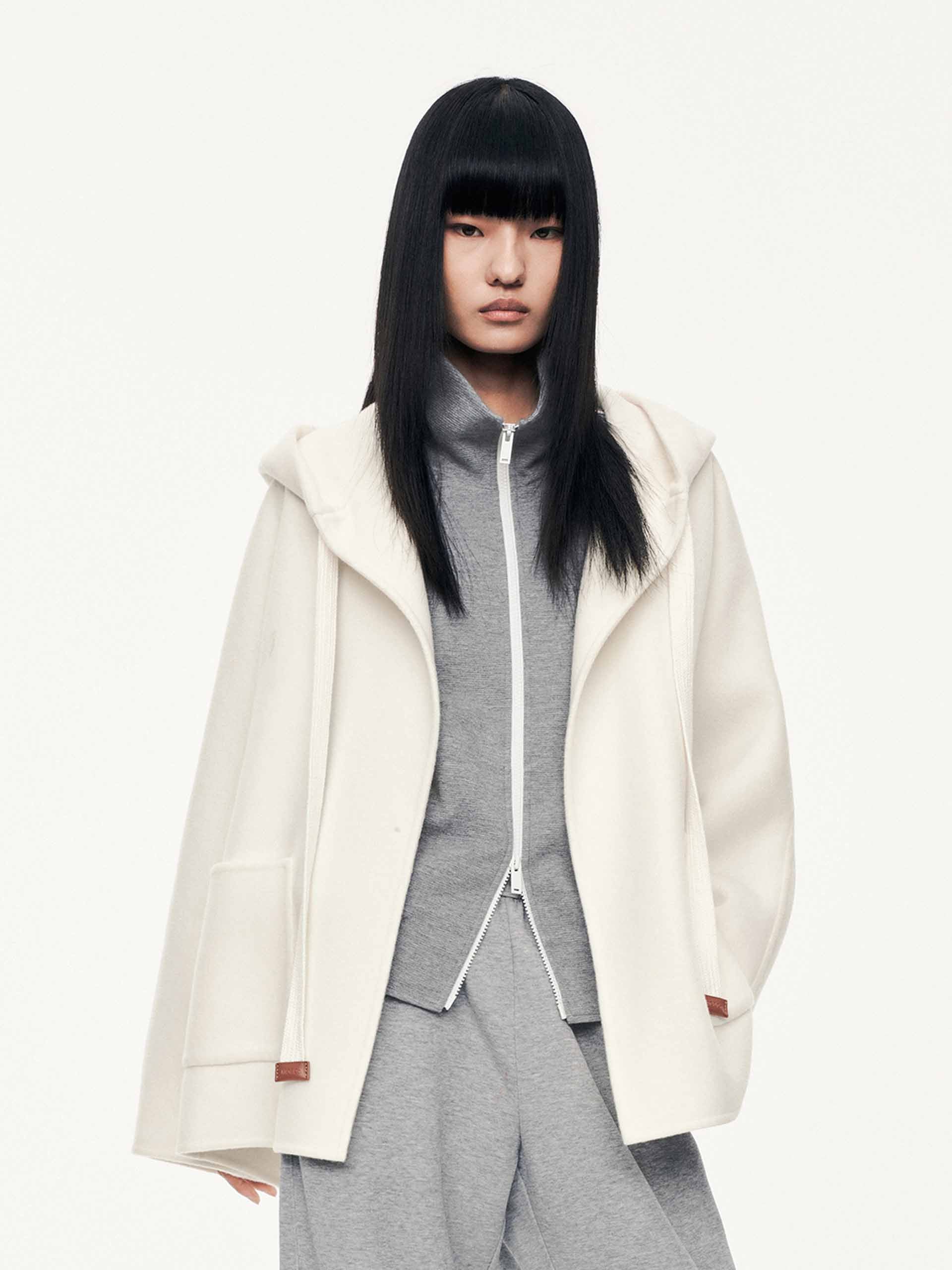 MO&Co. Women's Drawstring Detail Hood Pure Wool Coat in White