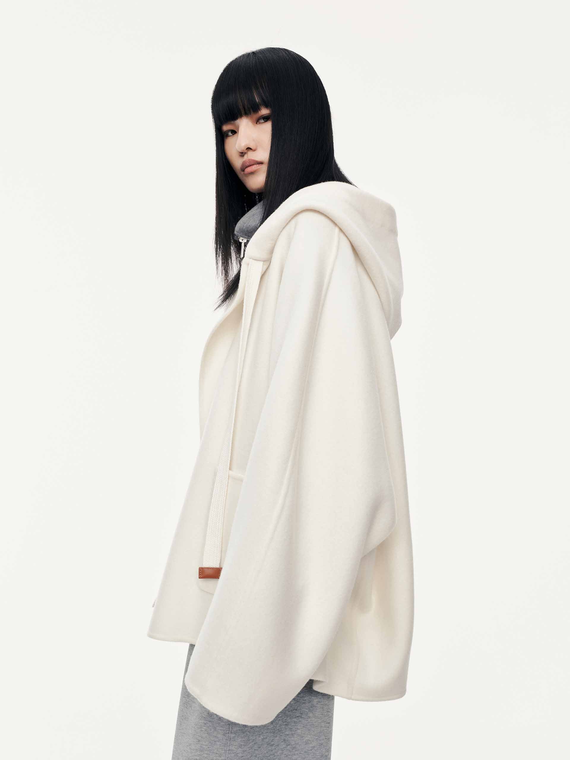 MO&Co. Women's Drawstring Detail Hood Pure Wool Coat in White