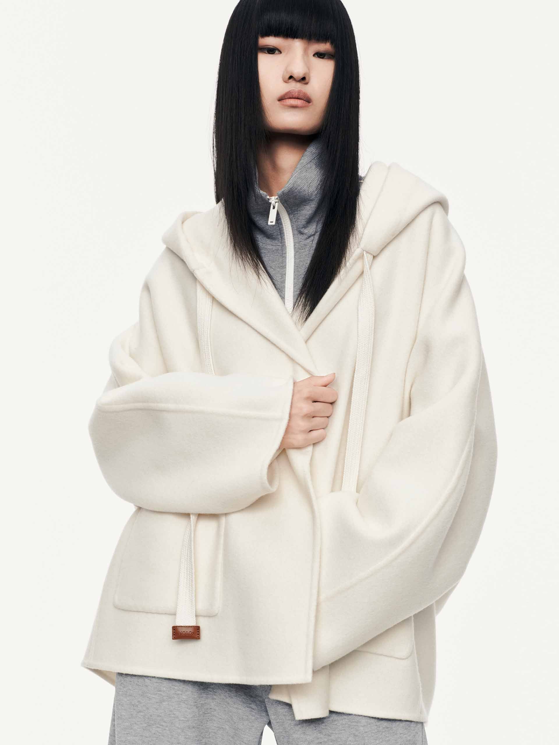 MO&Co. Women's Drawstring Detail Hood Pure Wool Coat in White