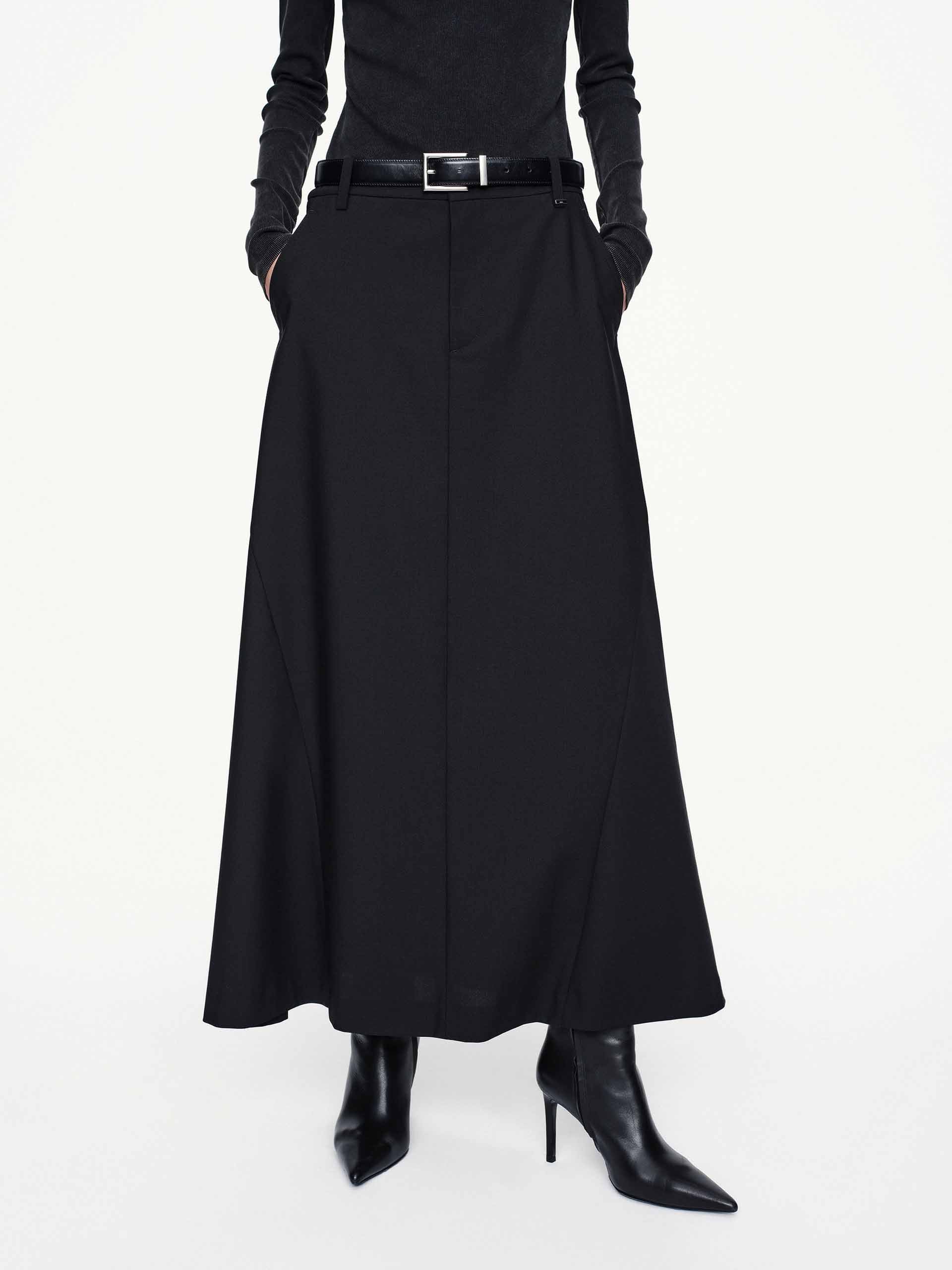 MO&Co. Women's Wool Blend A-line Pleated Long Skirt with Pockets in Black