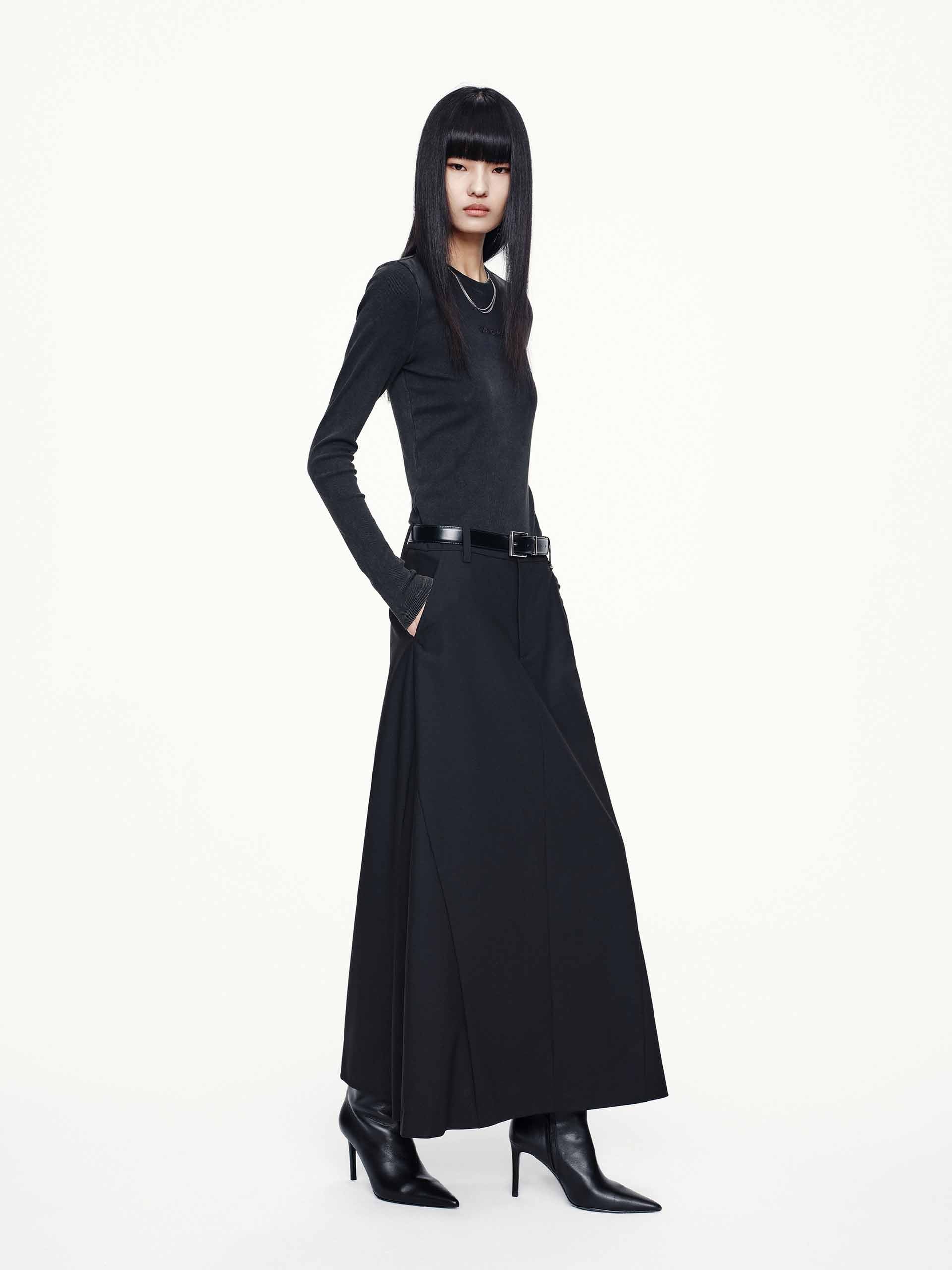 MO&Co. Women's Wool Blend A-line Pleated Long Skirt with Pockets in Black