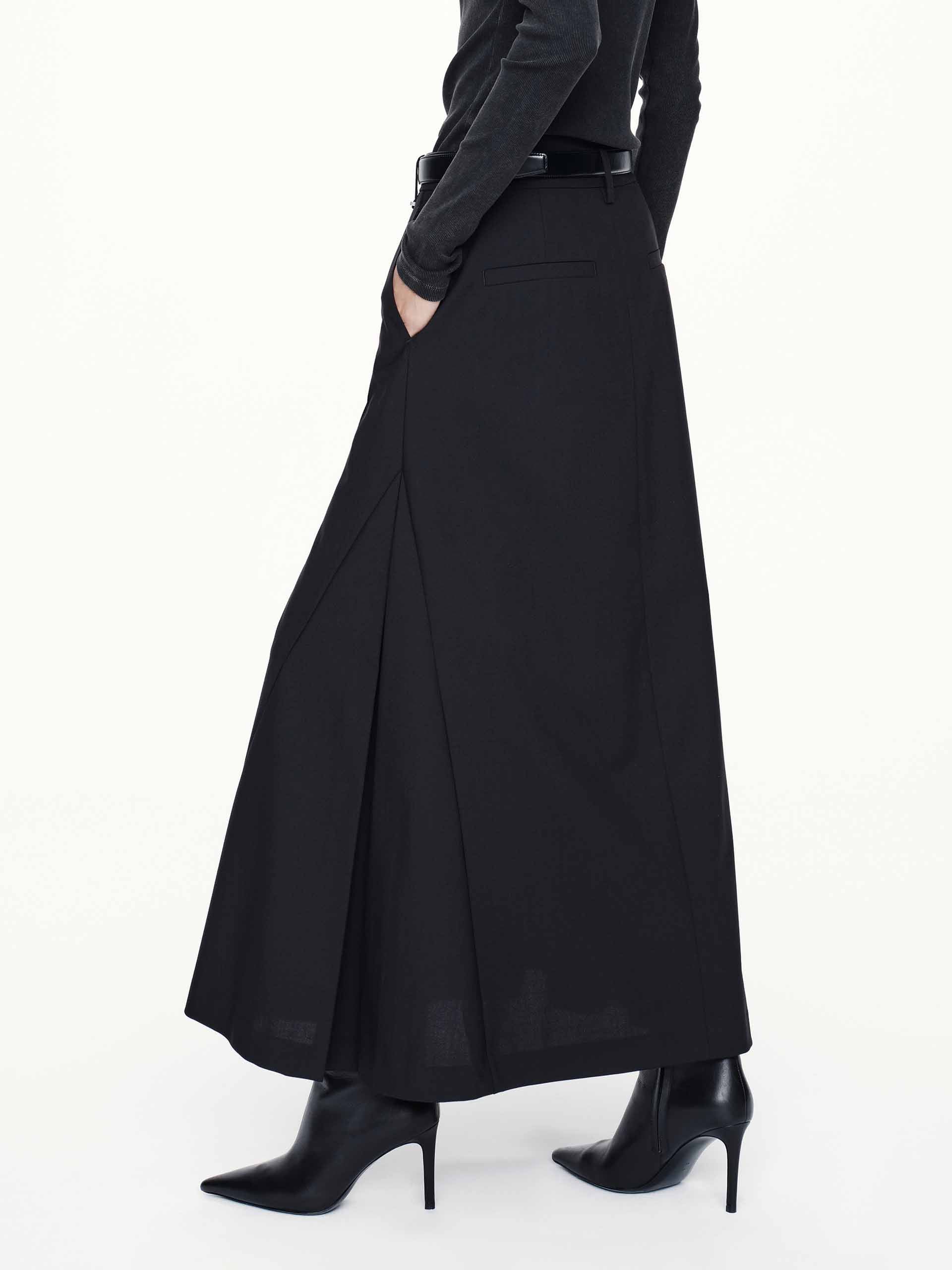 MO&Co. Women's Wool Blend A-line Pleated Long Skirt with Pockets in Black