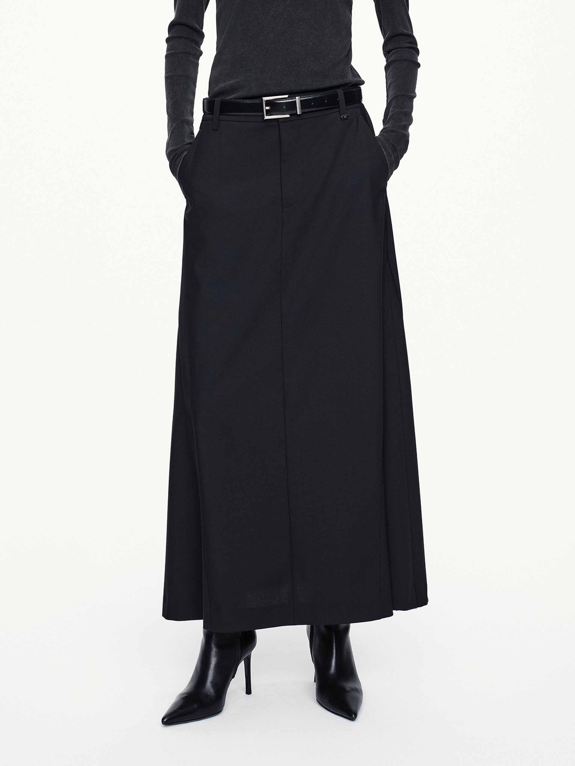 MO&Co. Women's Wool Blend A-line Pleated Long Skirt with Pockets in Black