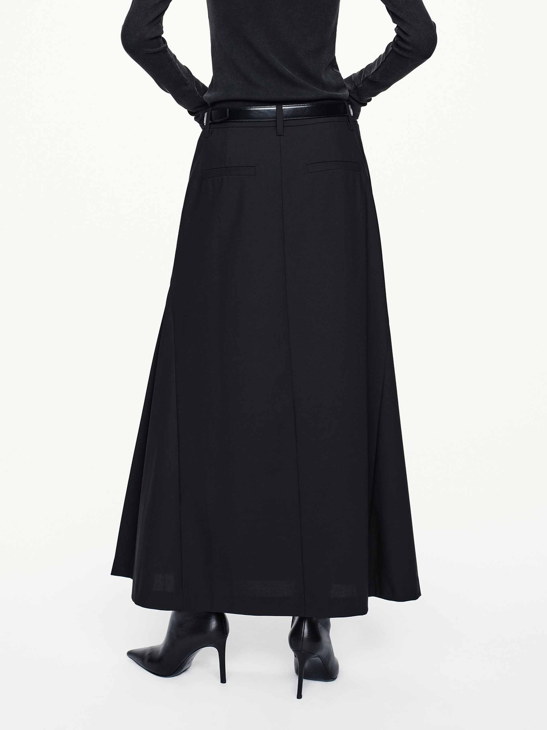 MO&Co. Women's Wool Blend A-line Pleated Long Skirt with Pockets in Black