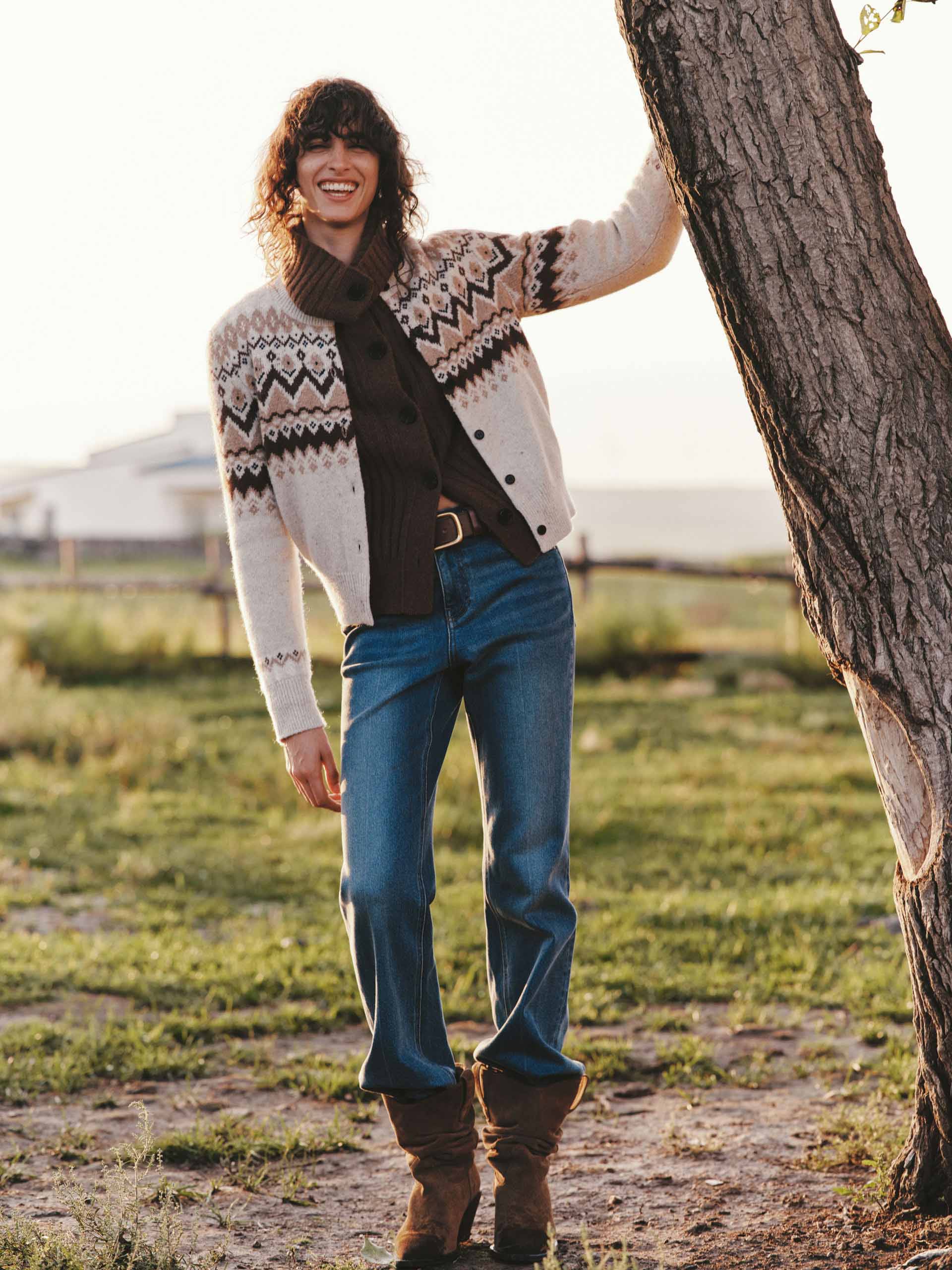 MO&Co. Women's Wool Blend Fair Isle Cardigan in Camel