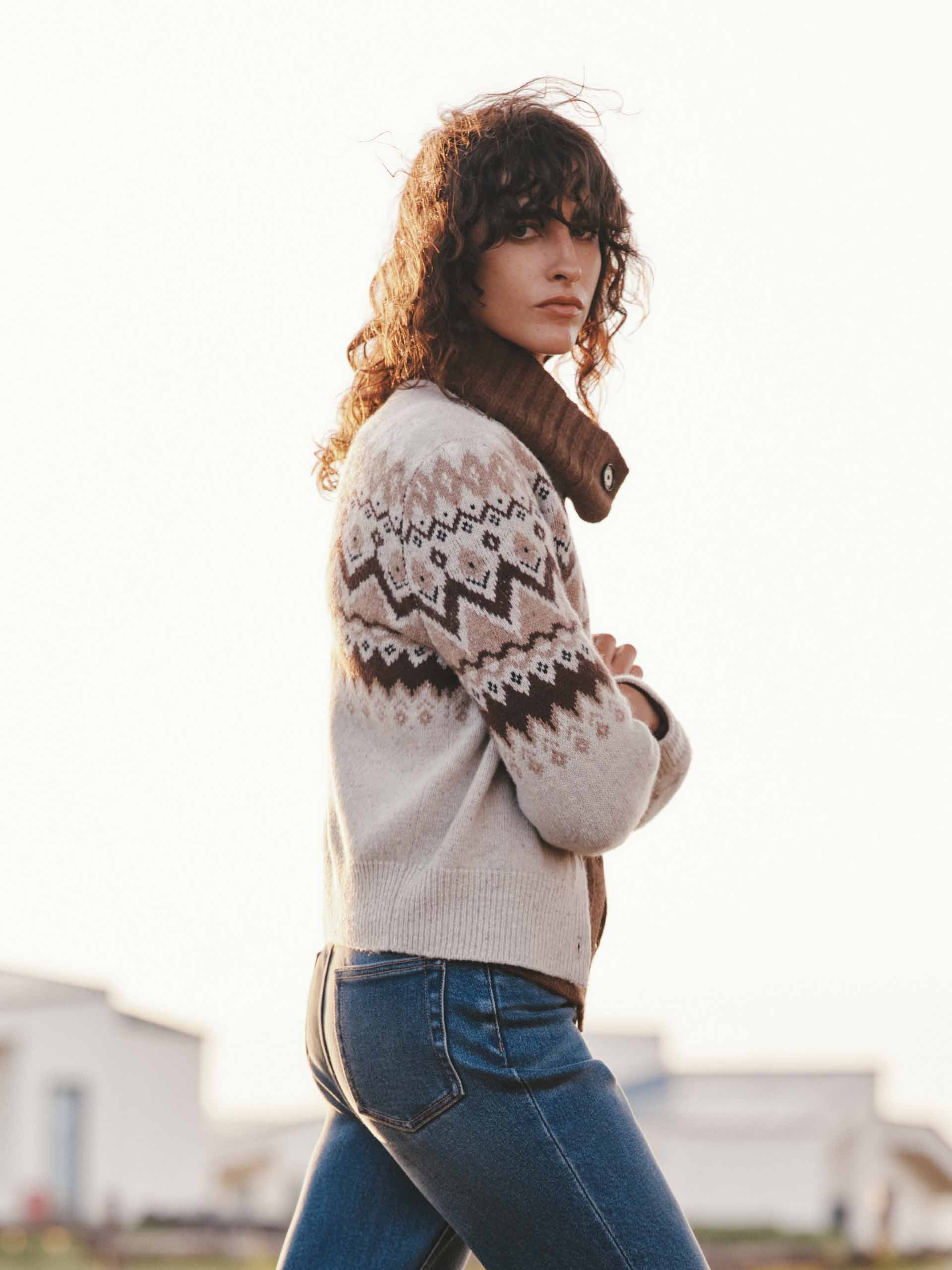 MO&Co. Women's Wool Blend Fair Isle Cardigan in Camel