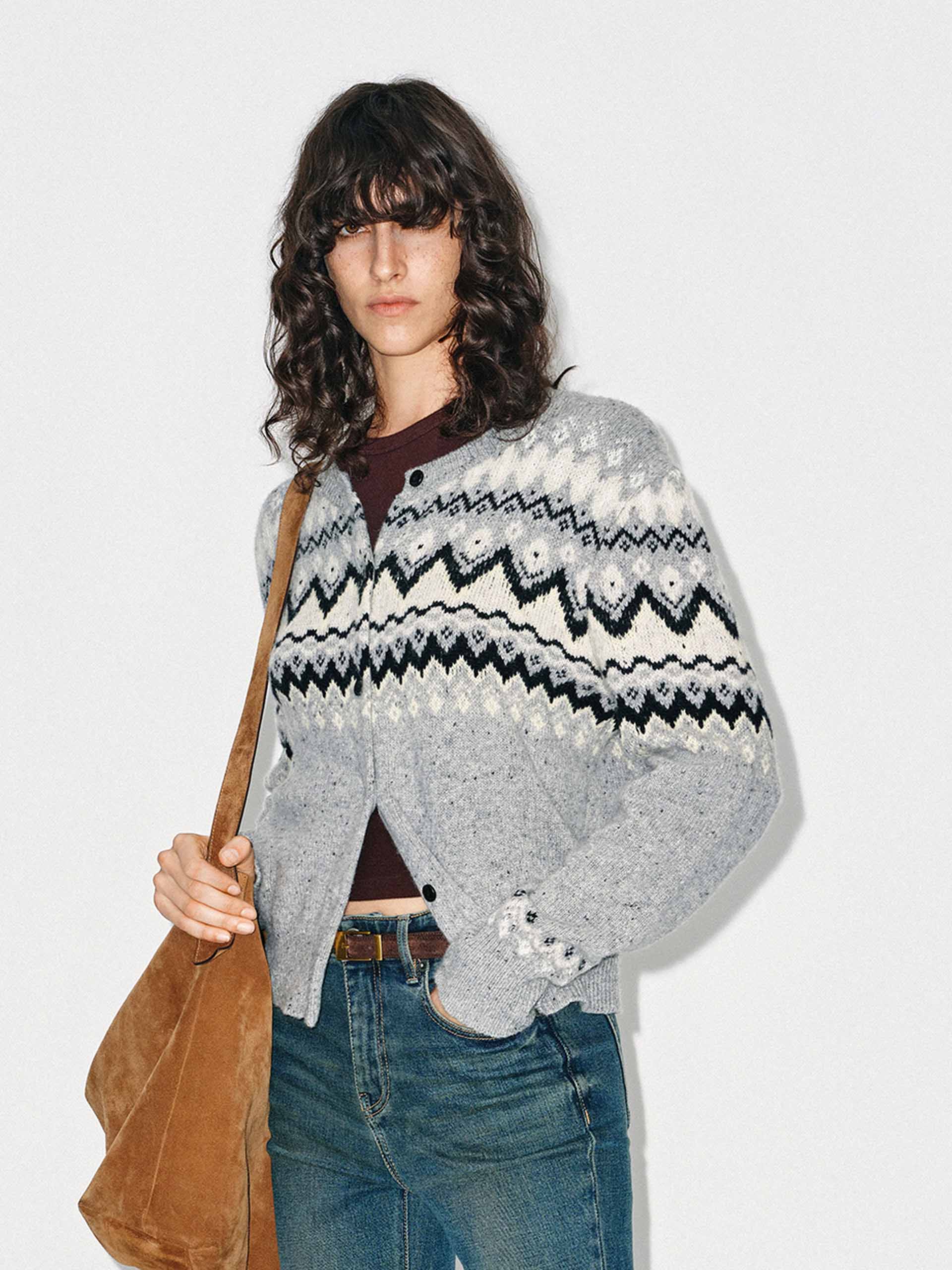 MO&Co. Women's Wool Blend Fair Isle Cardigan in Light Grey