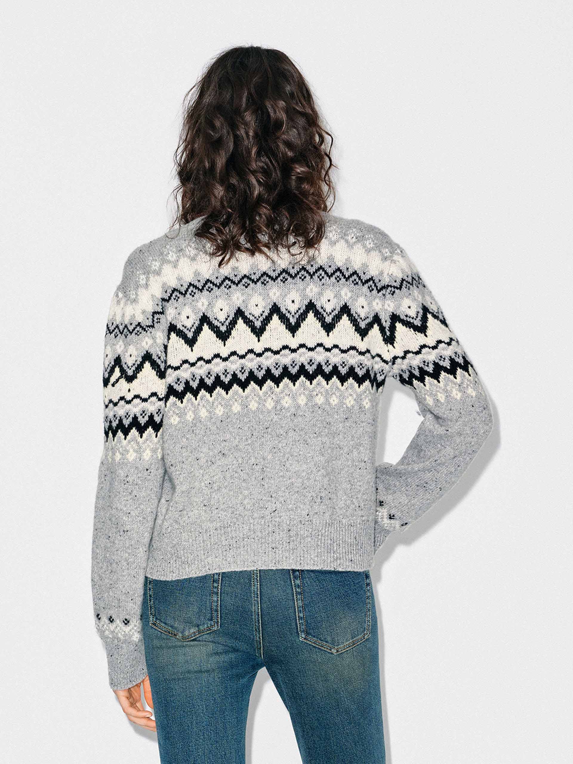 MO&Co. Women's Wool Blend Fair Isle Cardigan in Light Grey