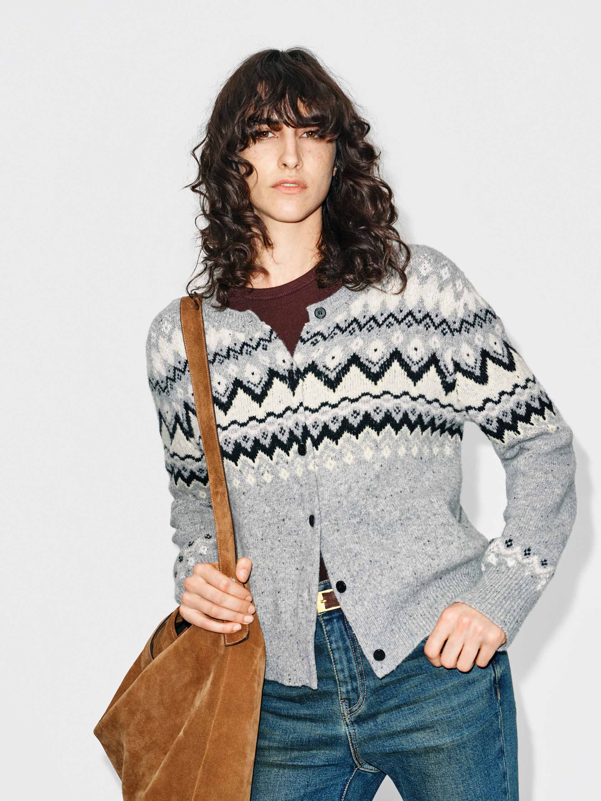 MO&Co. Women's Wool Blend Fair Isle Cardigan in Light Grey