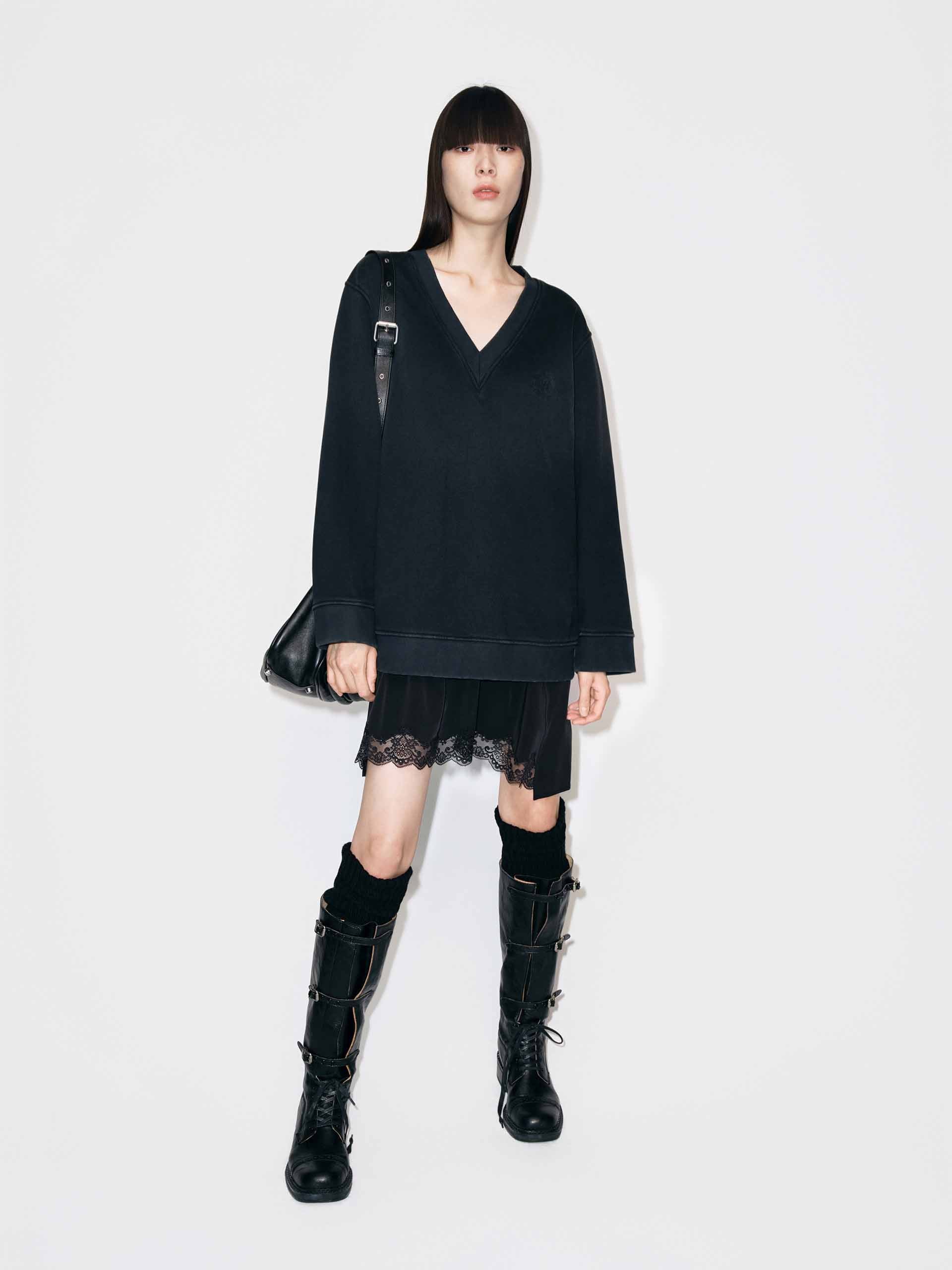 MO&Co. Women's Lace Hem Cotton Long Sleeves Dress in Black