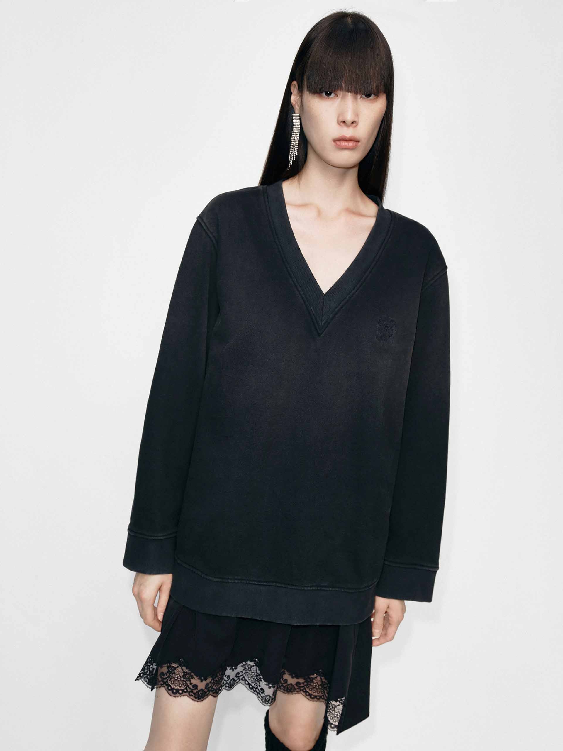 MO&Co. Women's Lace Hem Cotton Long Sleeves Dress in Black