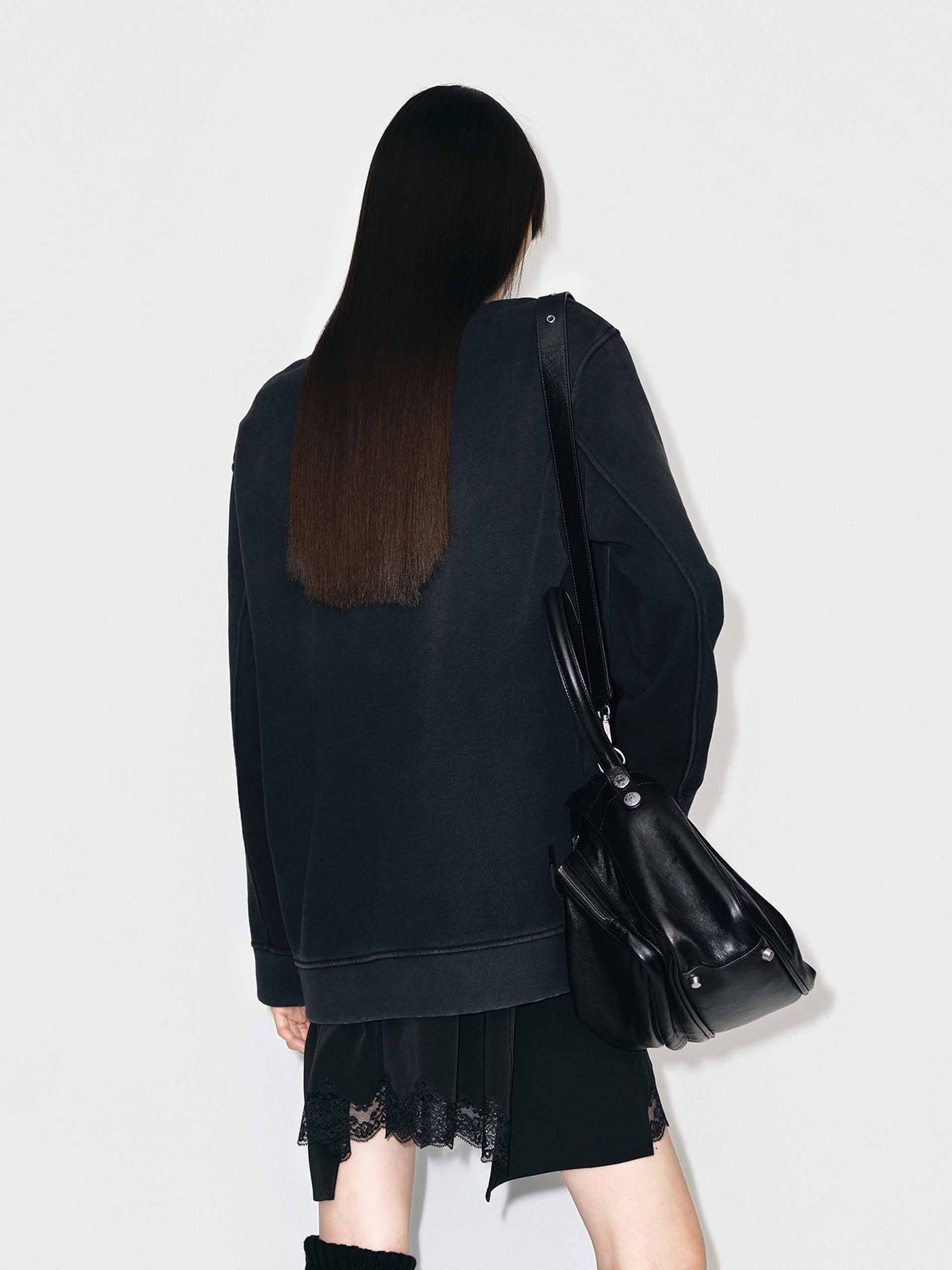 MO&Co. Women's Lace Hem Cotton Long Sleeves Dress in Black