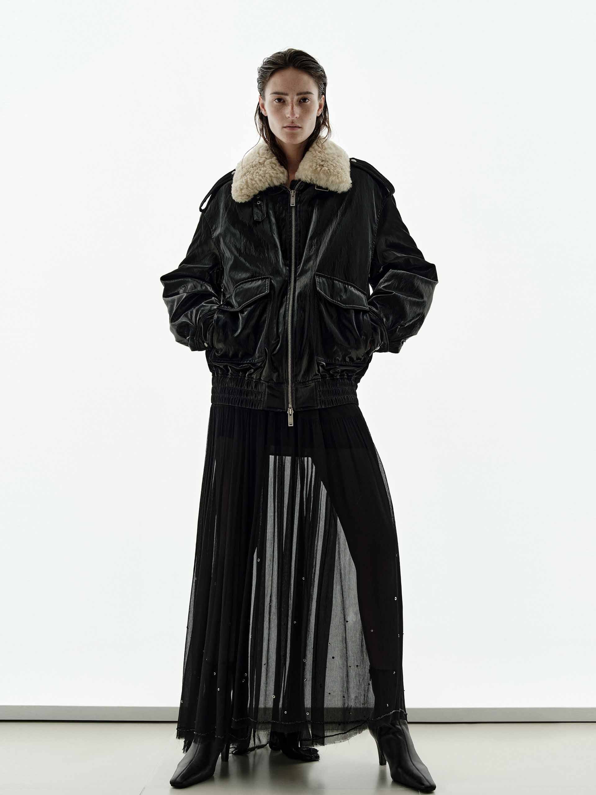 MO&Co. Women's Fur Collar Faux Leather Down Jacket in Black