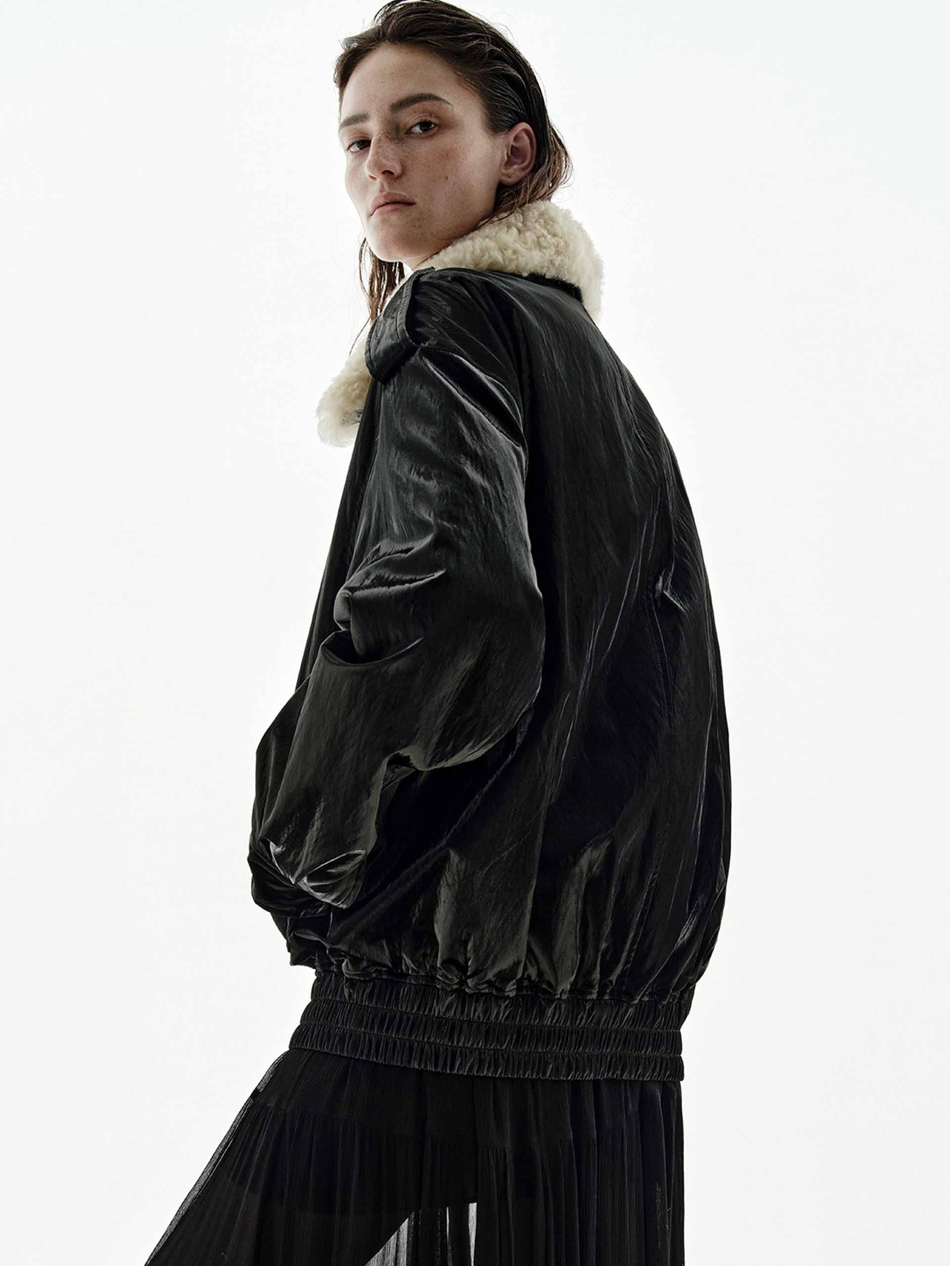 MO&Co. Women's Fur Collar Faux Leather Down Jacket in Black