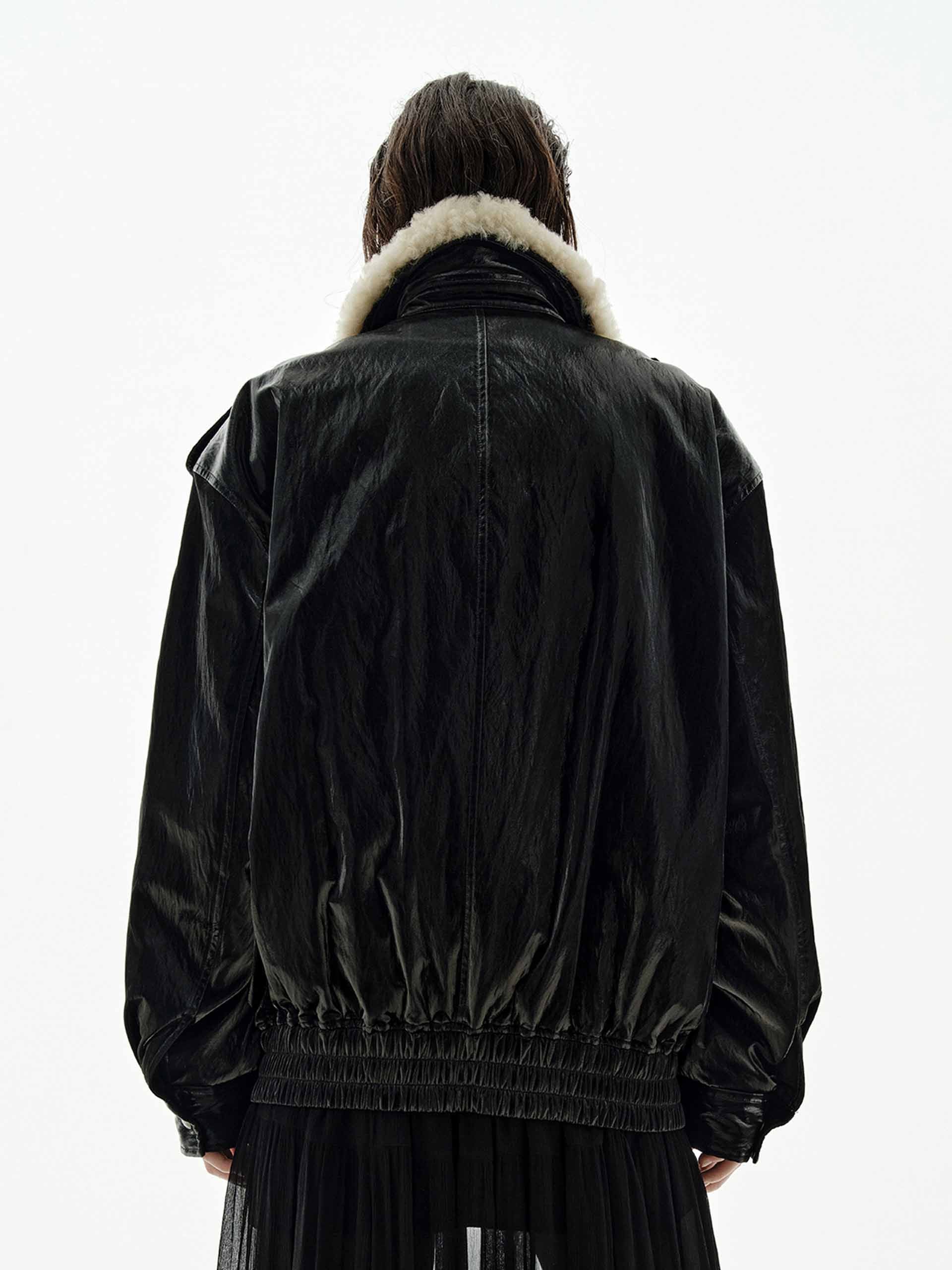 MO&Co. Women's Fur Collar Faux Leather Down Jacket in Black