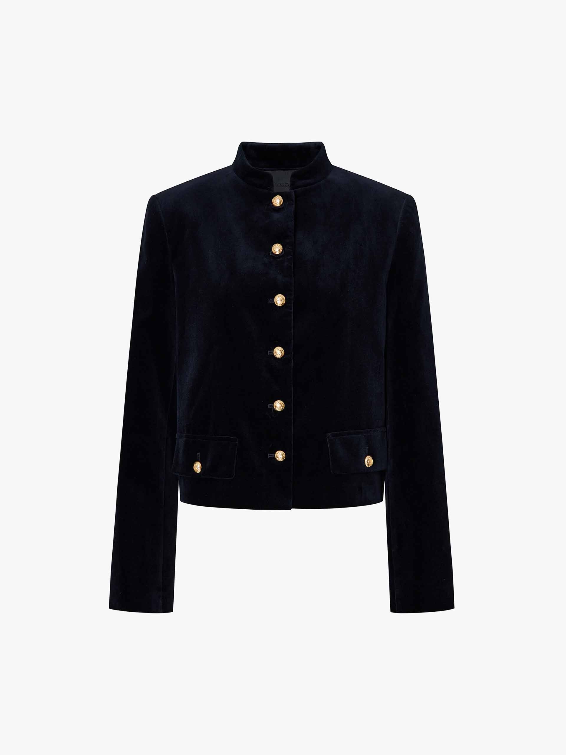 MO&Co. Women's Mock Collar Velvet Tailored Jacket in Navy