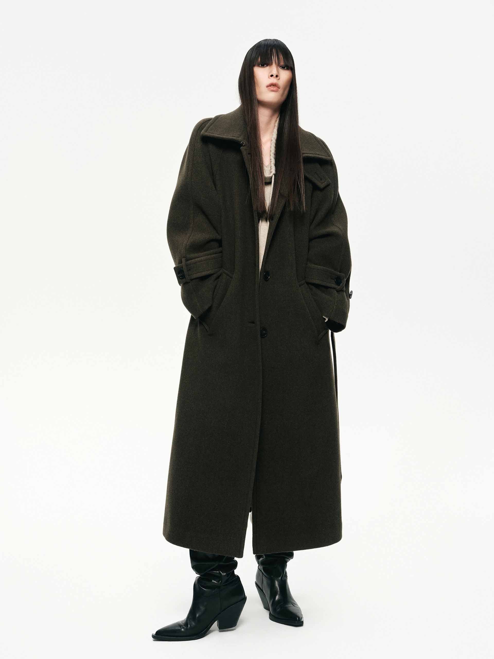 MO&Co. Women's Merino Wool Longline Belted Coat in Olive