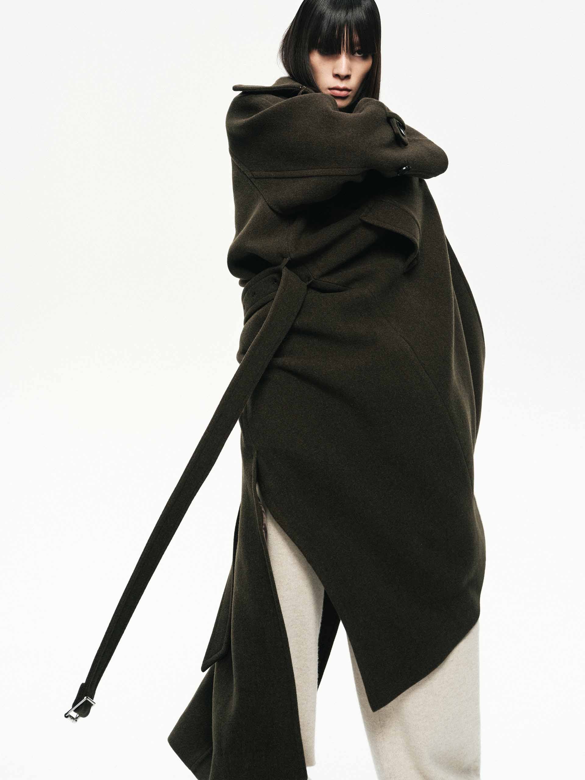 MO&Co. Women's Merino Wool Longline Belted Coat in Olive