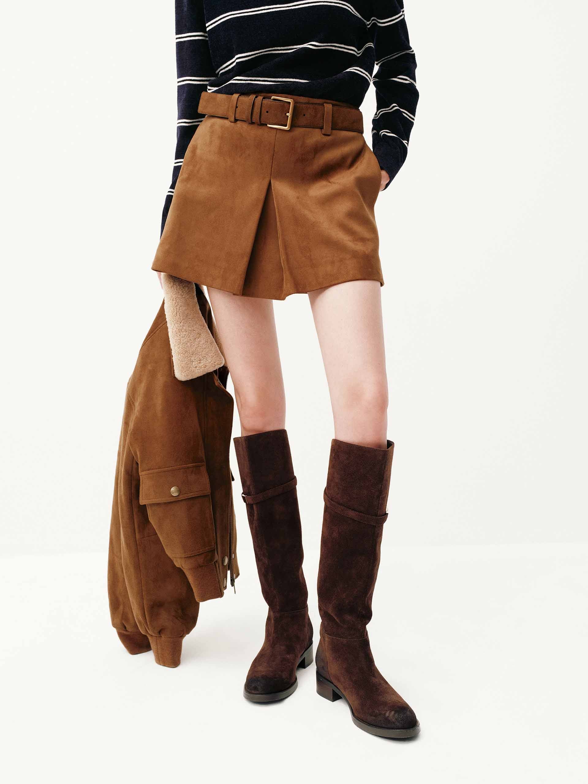 MO&Co. Women's Faux Suede Camel Brown Belted Mini Skirt