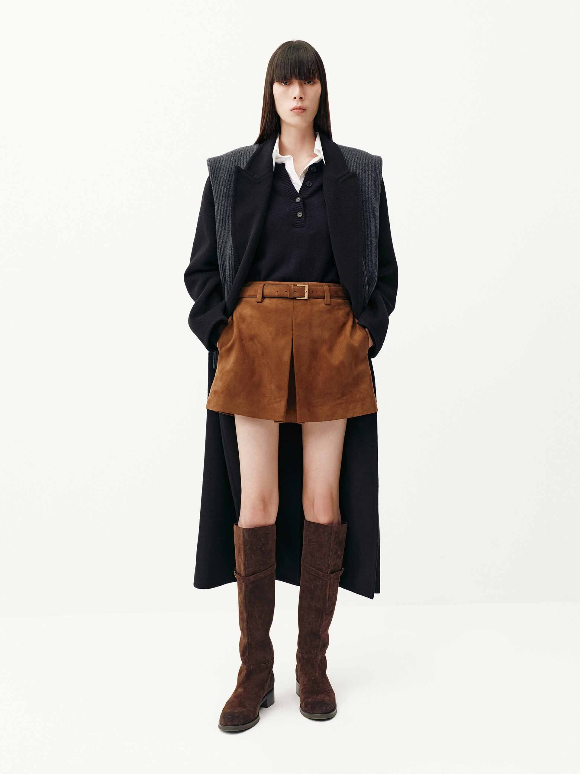 MO&Co. Women's Faux Suede Camel Brown Belted Mini Skirt