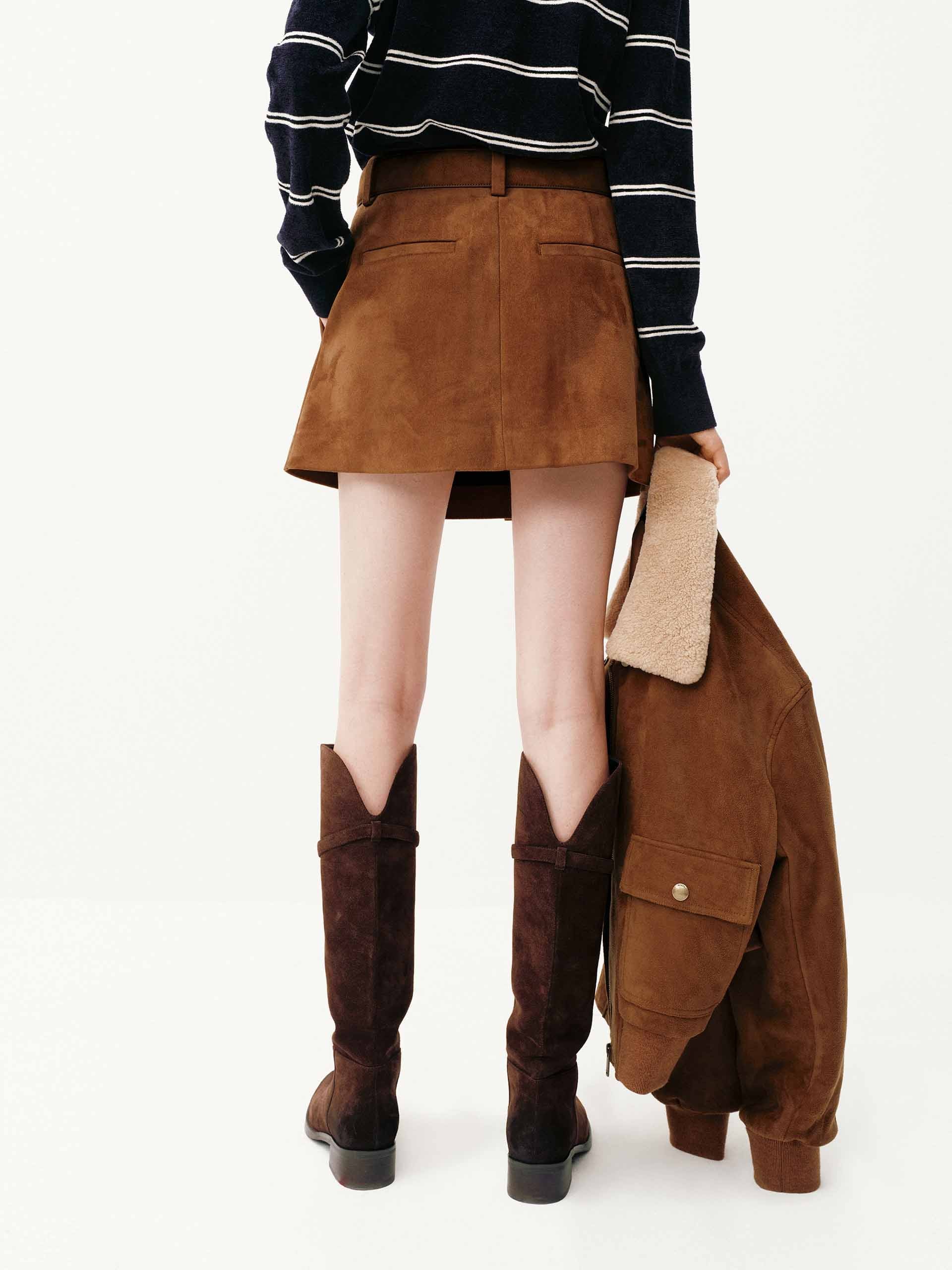 MO&Co. Women's Faux Suede Camel Brown Belted Mini Skirt