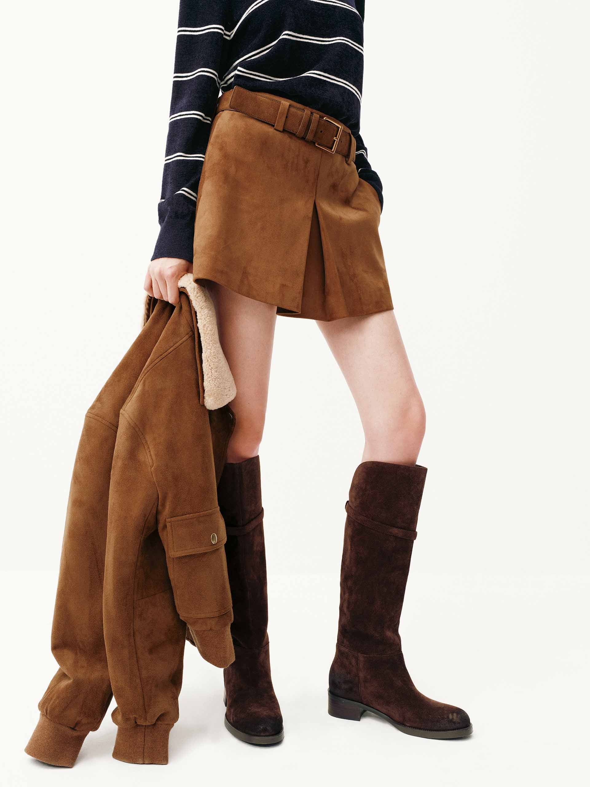 MO&Co. Women's Faux Suede Camel Brown Belted Mini Skirt