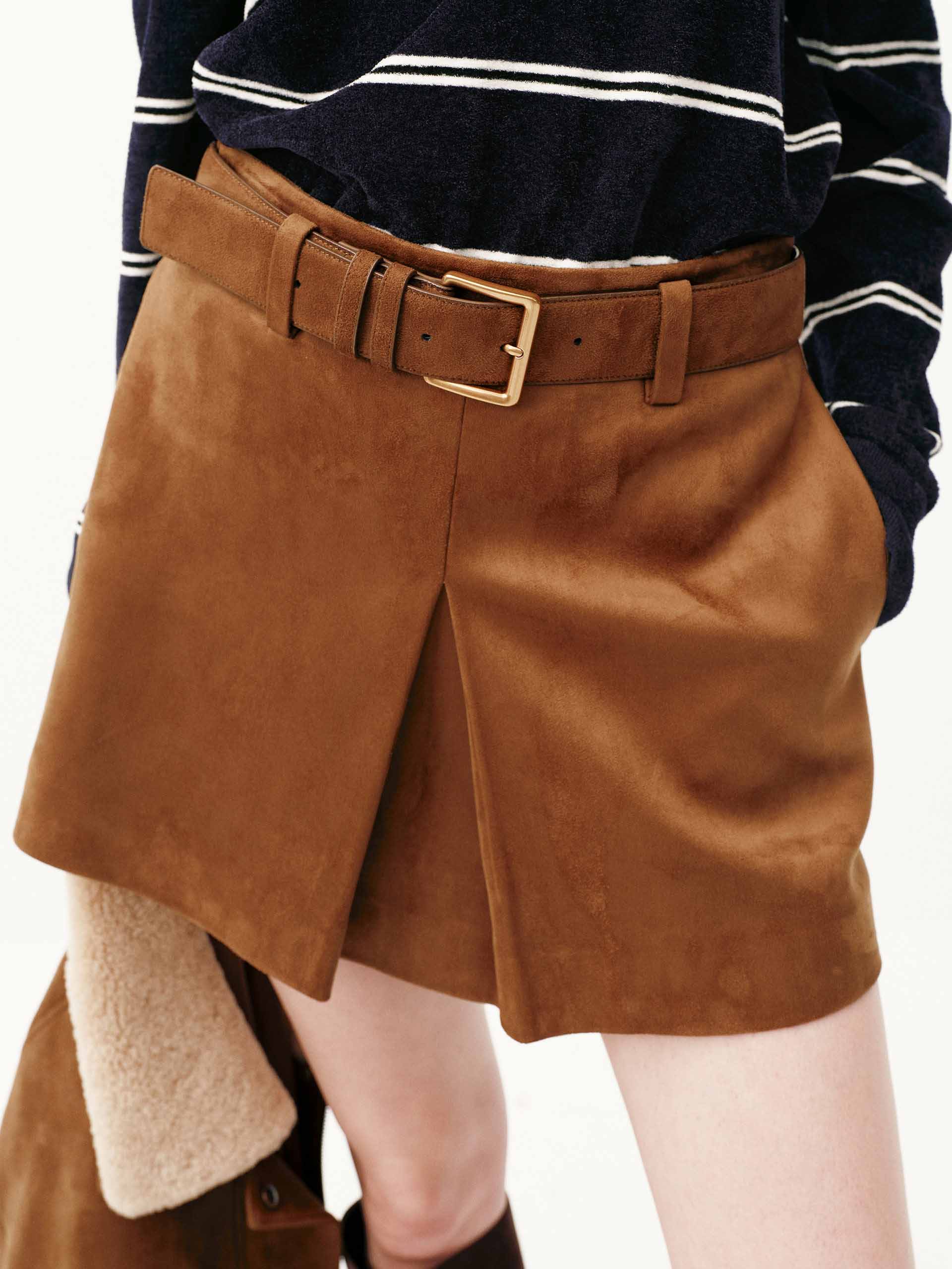 MO&Co. Women's Faux Suede Camel Brown Belted Mini Skirt