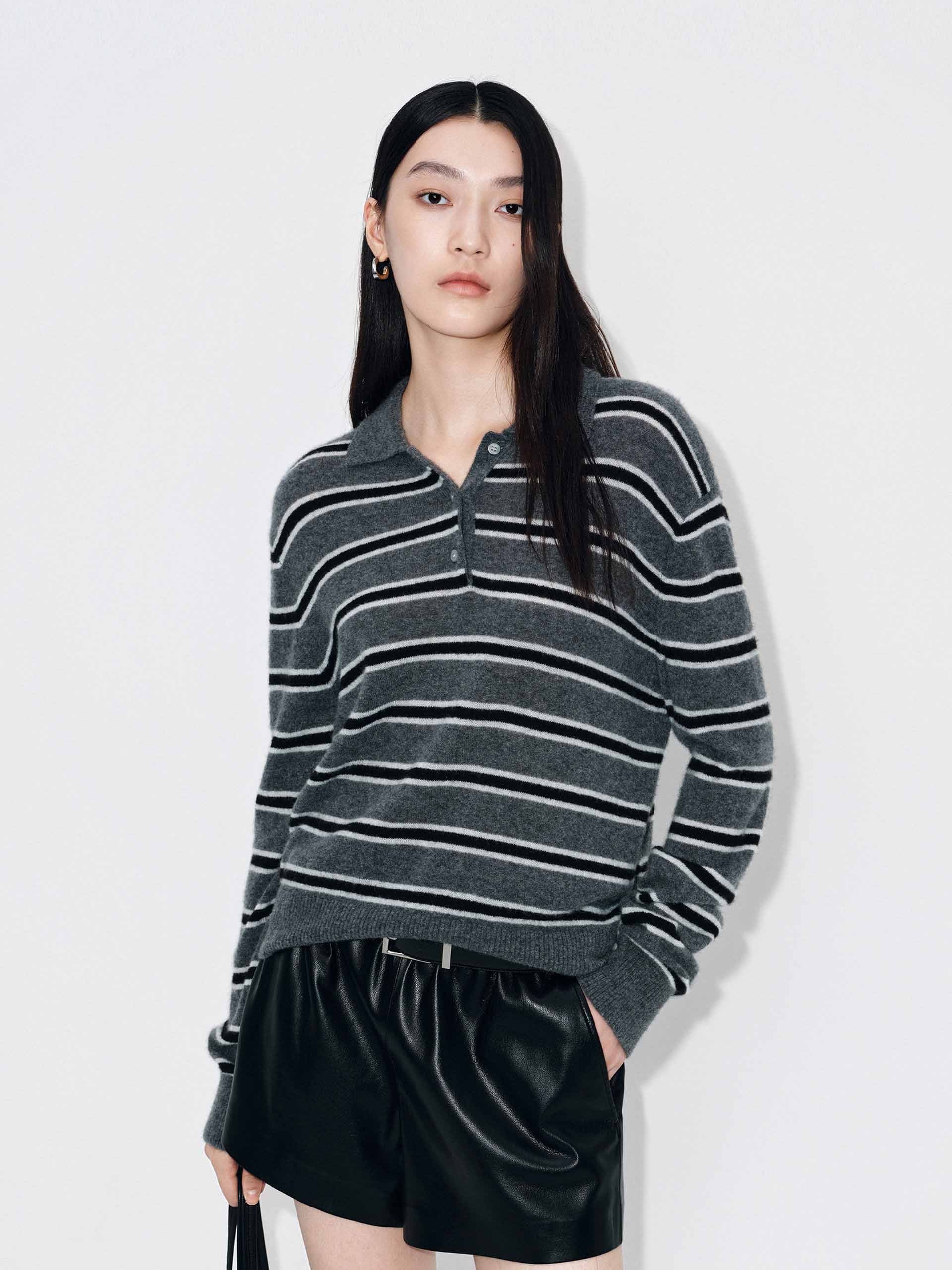 MO&Co. Women's Polo Collar Sweater in Grey, Black and White Striped