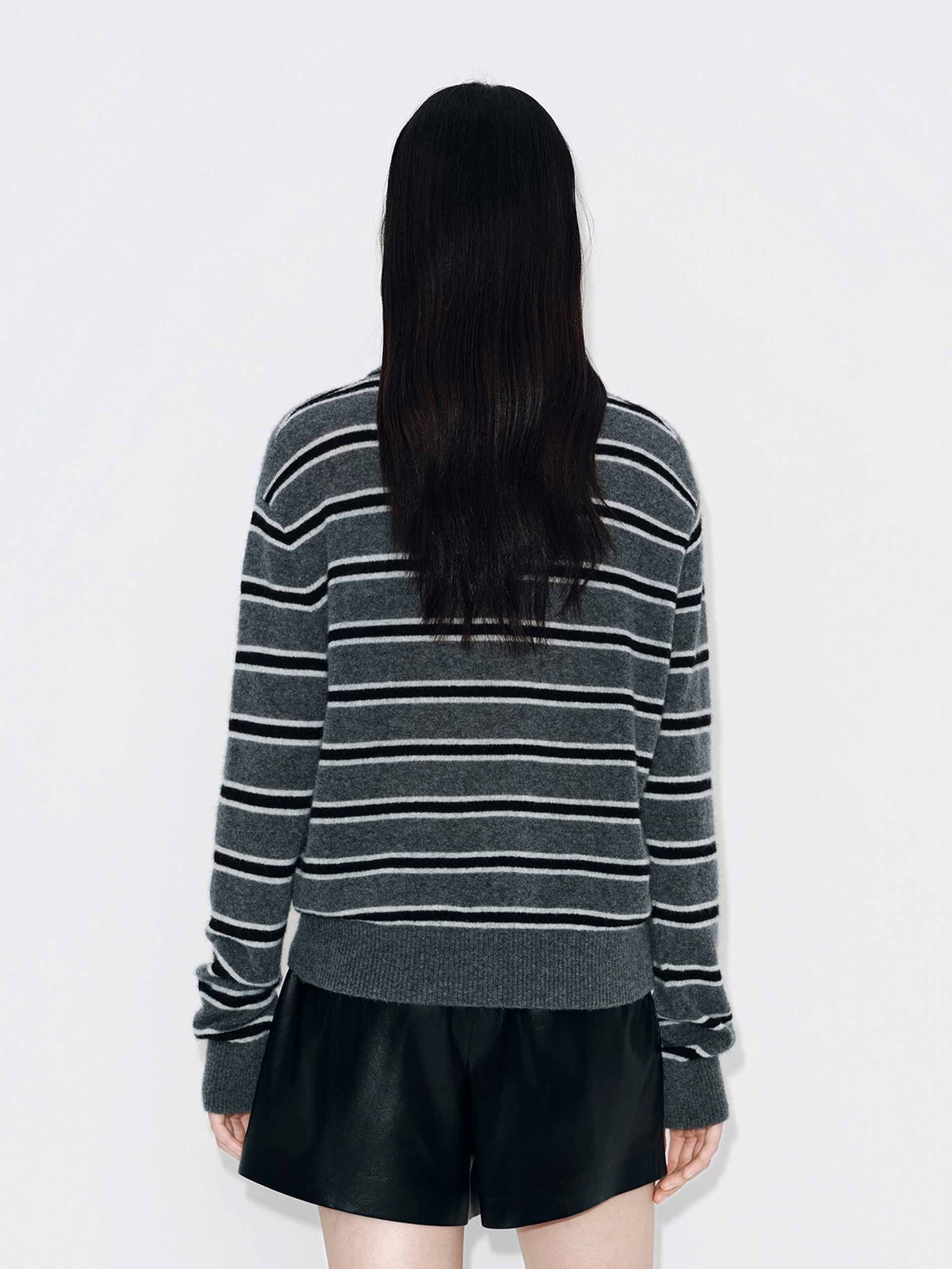 MO&Co. Women's Polo Collar Sweater in Grey, Black and White Striped