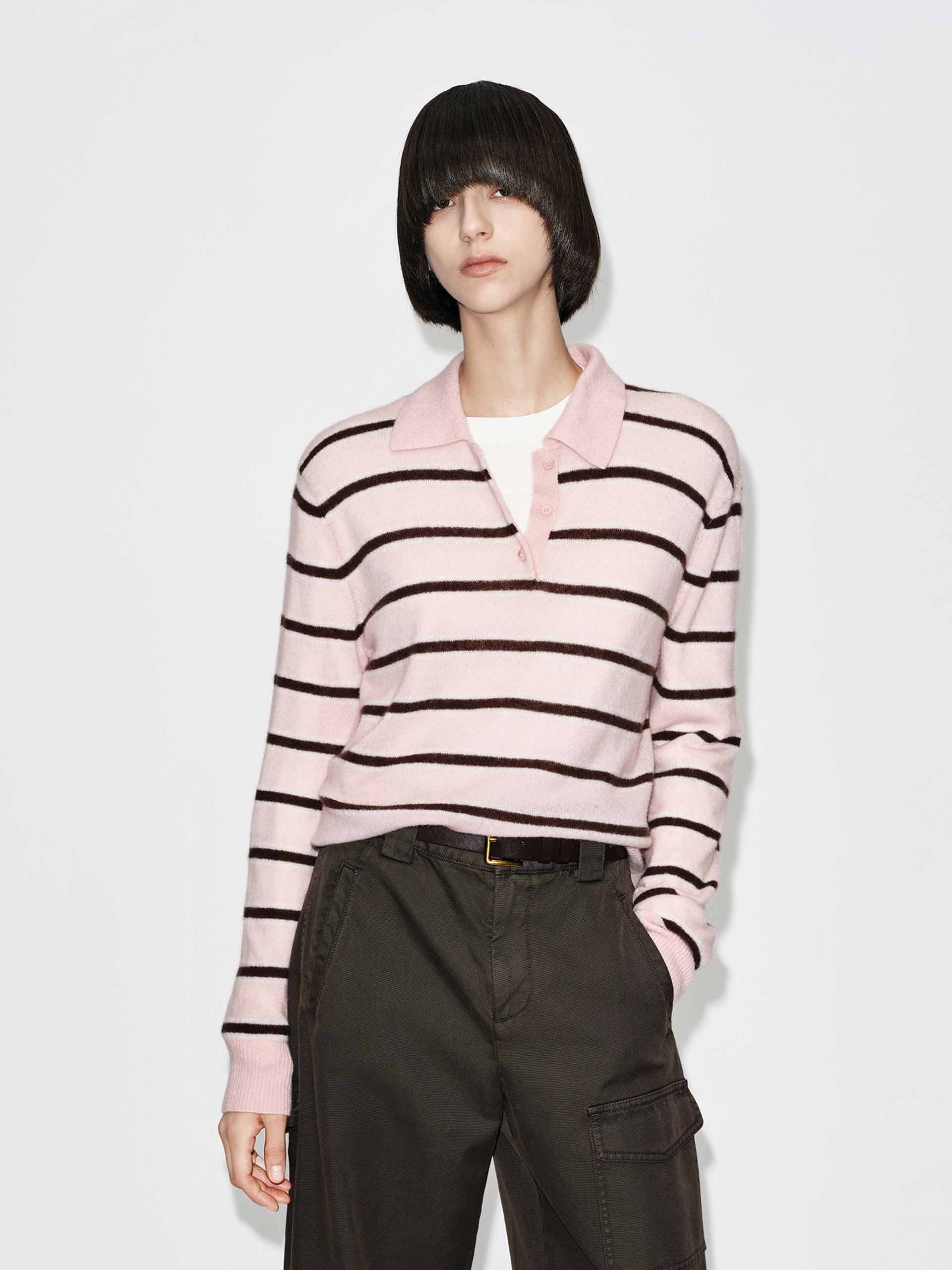 MO&Co. Women's Polo Collar Sweater in Pink and Brown Striped