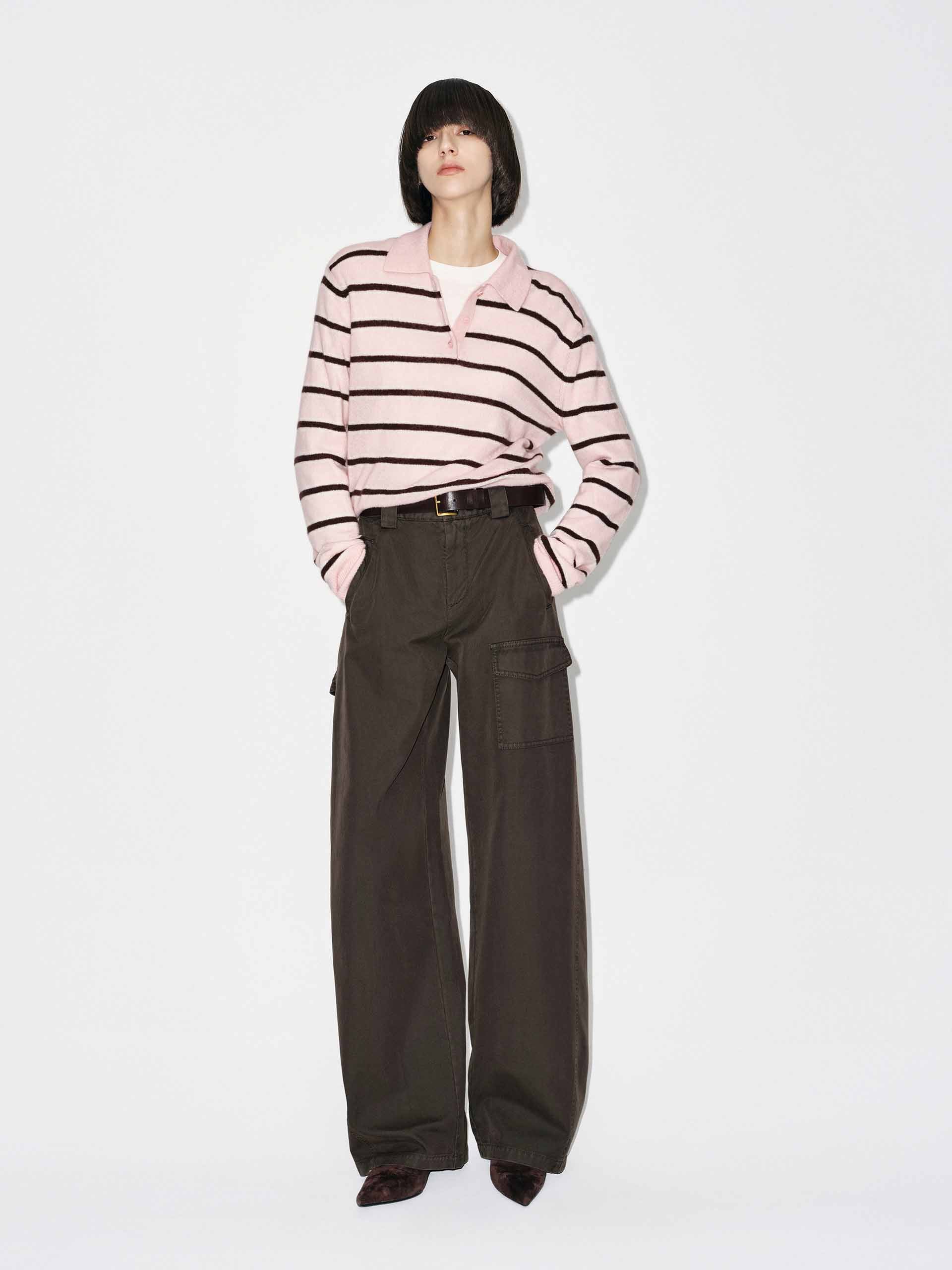 MO&Co. Women's Polo Collar Sweater in Pink and Brown Striped