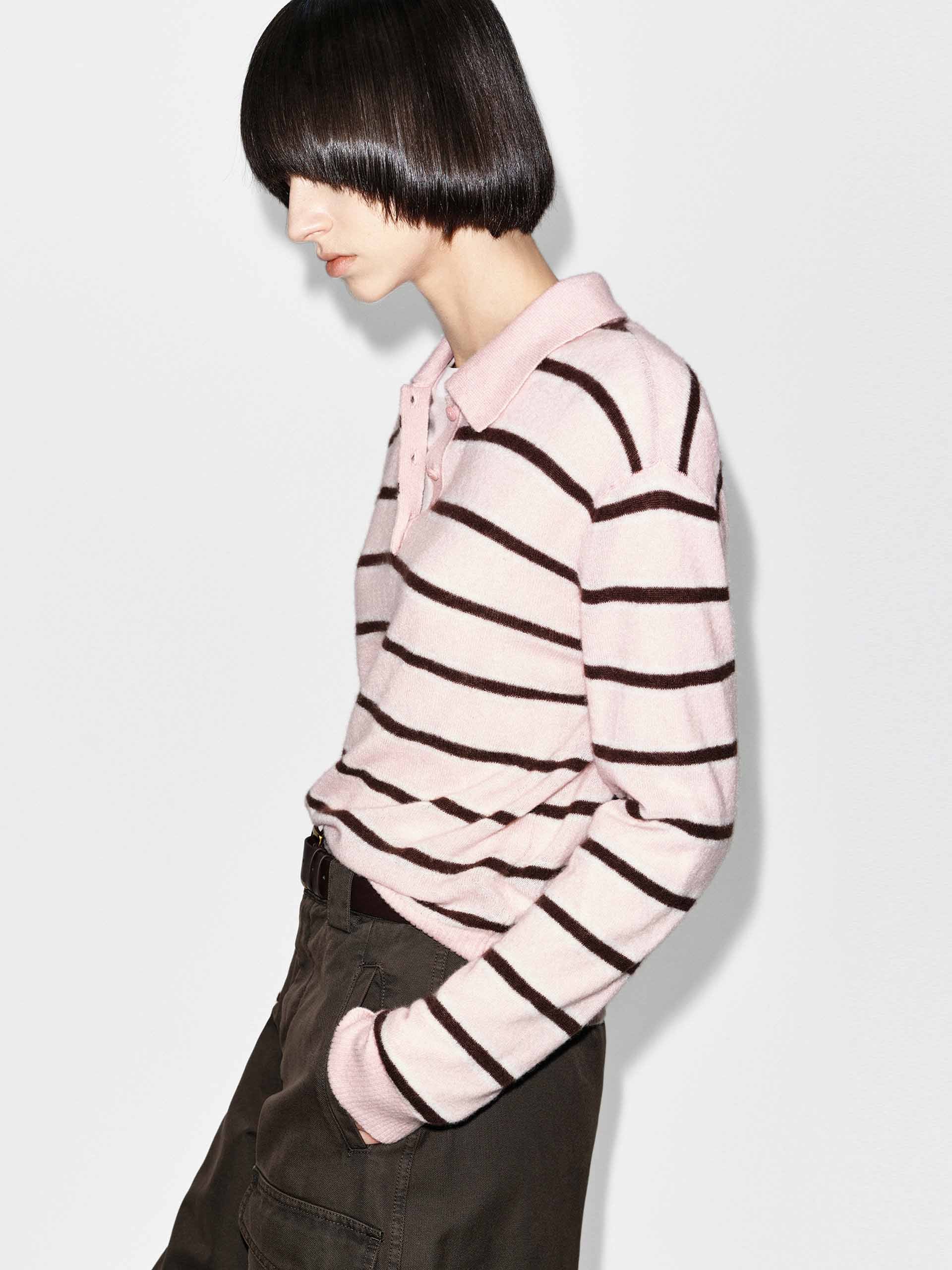 MO&Co. Women's Polo Collar Sweater in Pink and Brown Striped