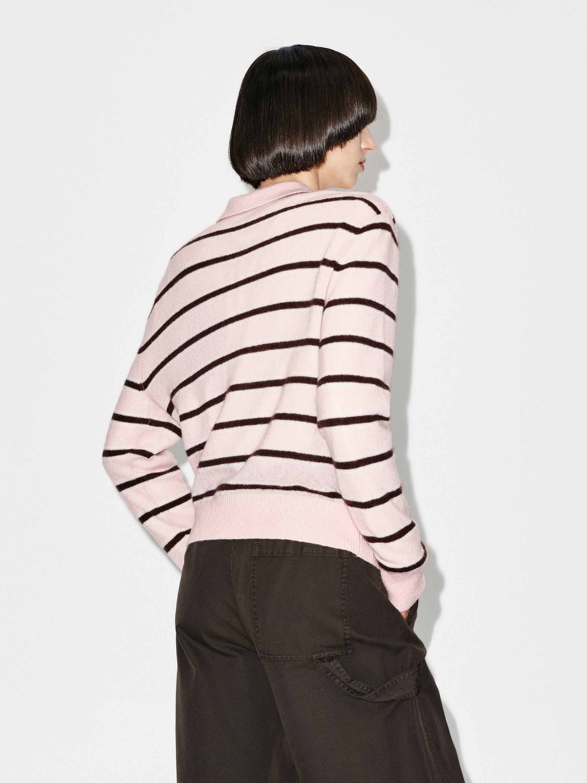 MO&Co. Women's Polo Collar Sweater in Pink and Brown Striped