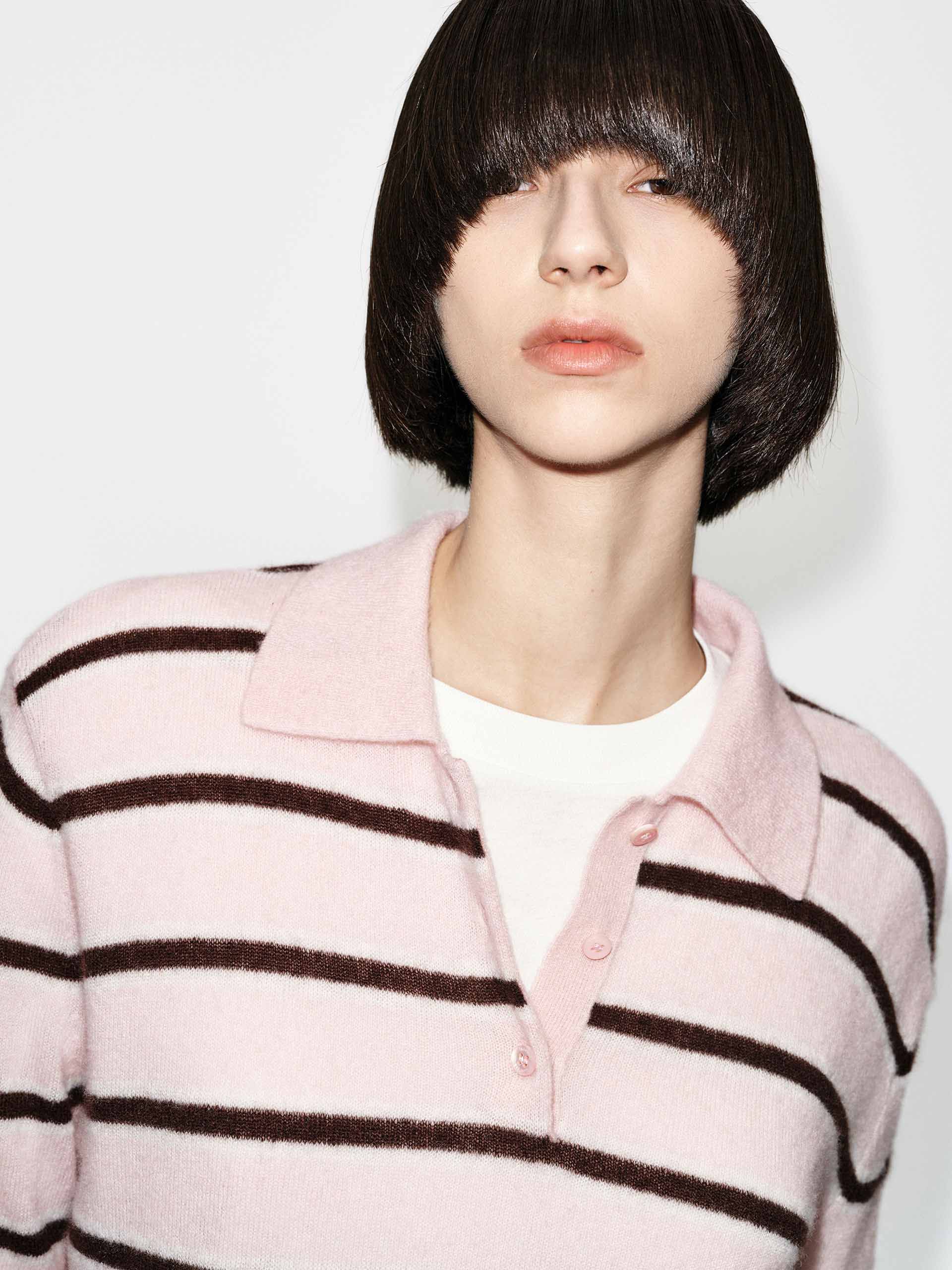 MO&Co. Women's Polo Collar Sweater in Pink and Brown Striped