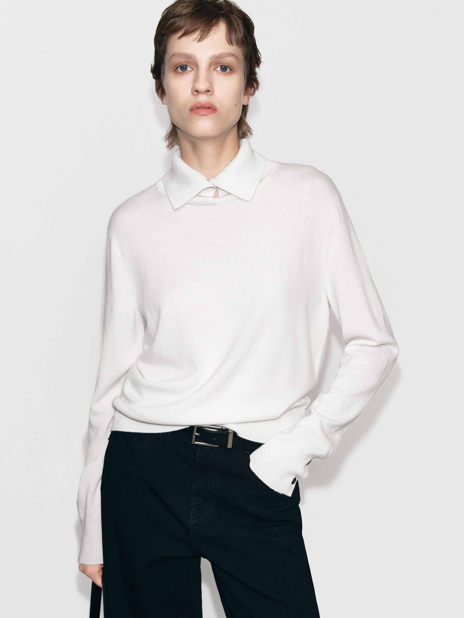 MO&Co. Women's Wool & Cashmere Ribbed Collar Sweater in White