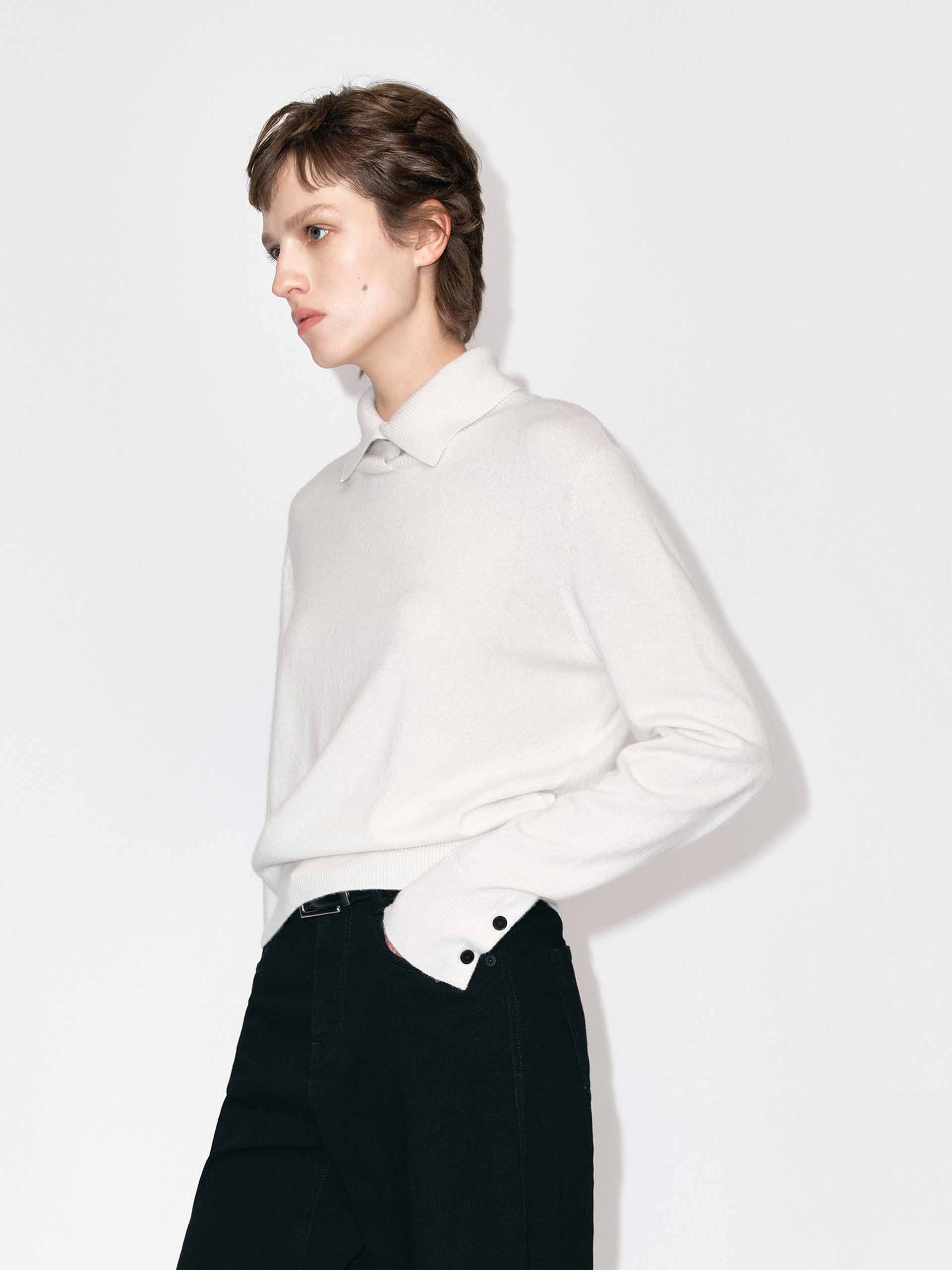 MO&Co. Women's Wool & Cashmere Ribbed Collar Sweater in White