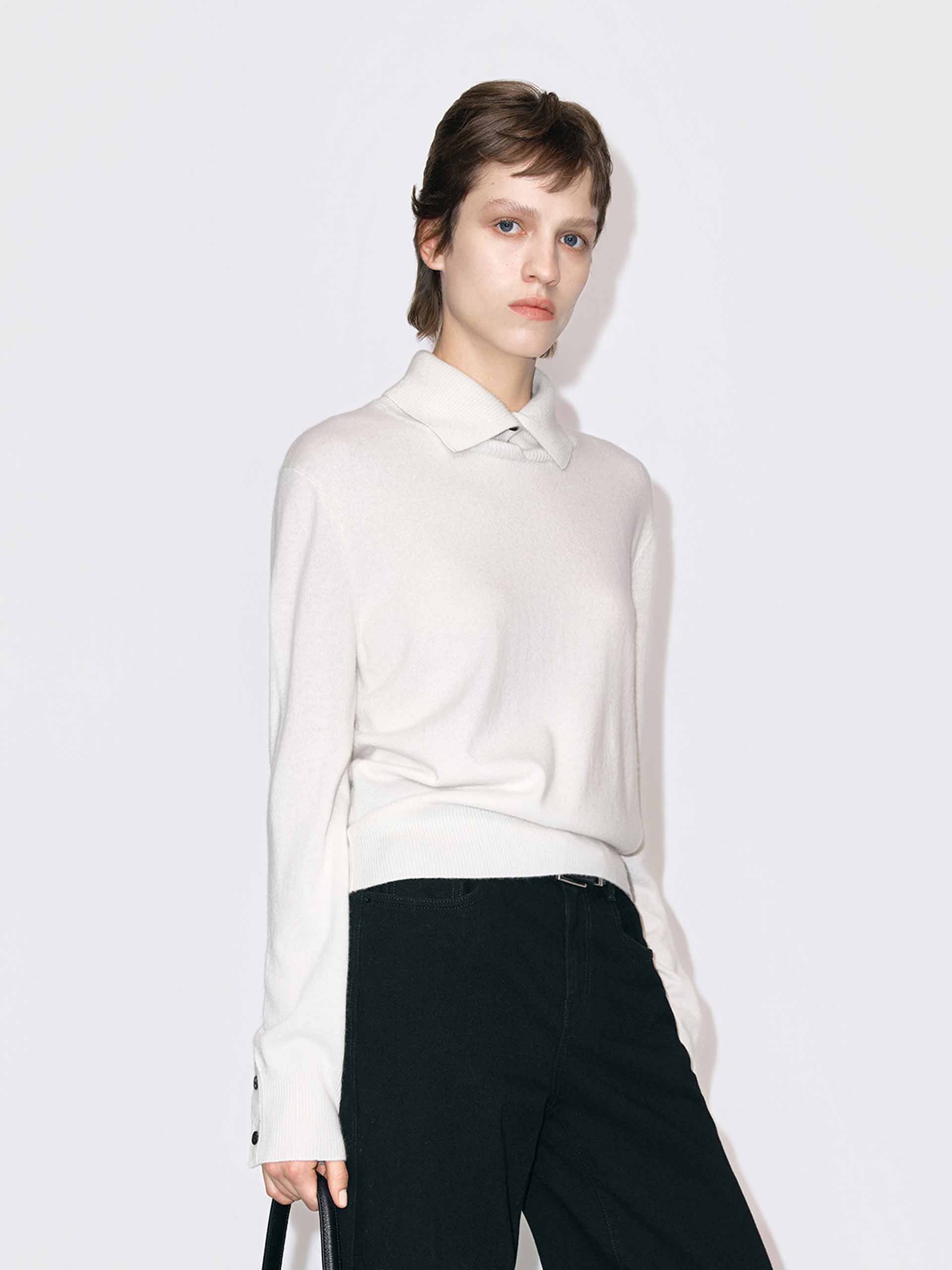 MO&Co. Women's Wool & Cashmere Ribbed Collar Sweater in White