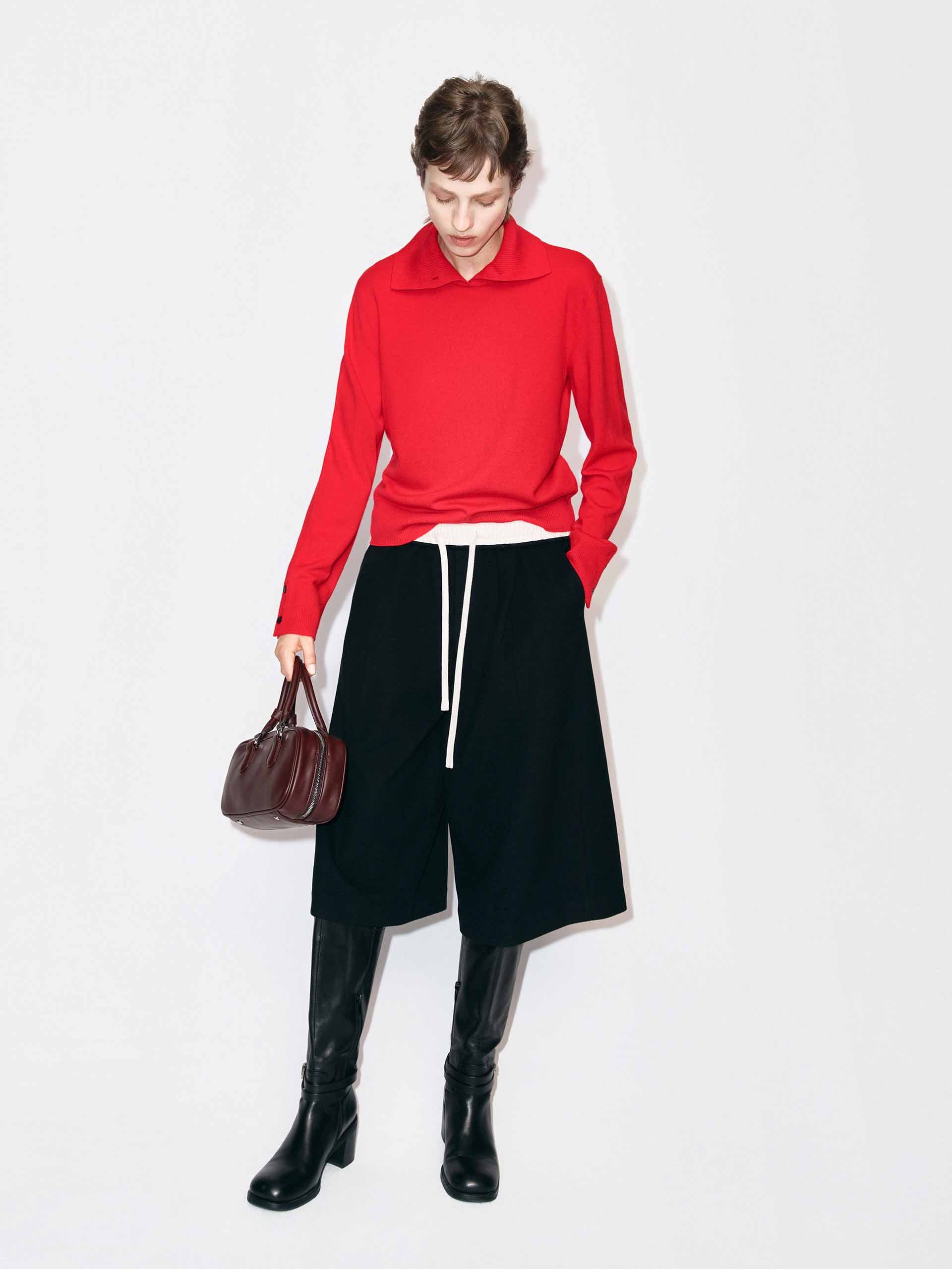 MO&Co. Women's Wool & Cashmere Ribbed Collar Sweater in Red