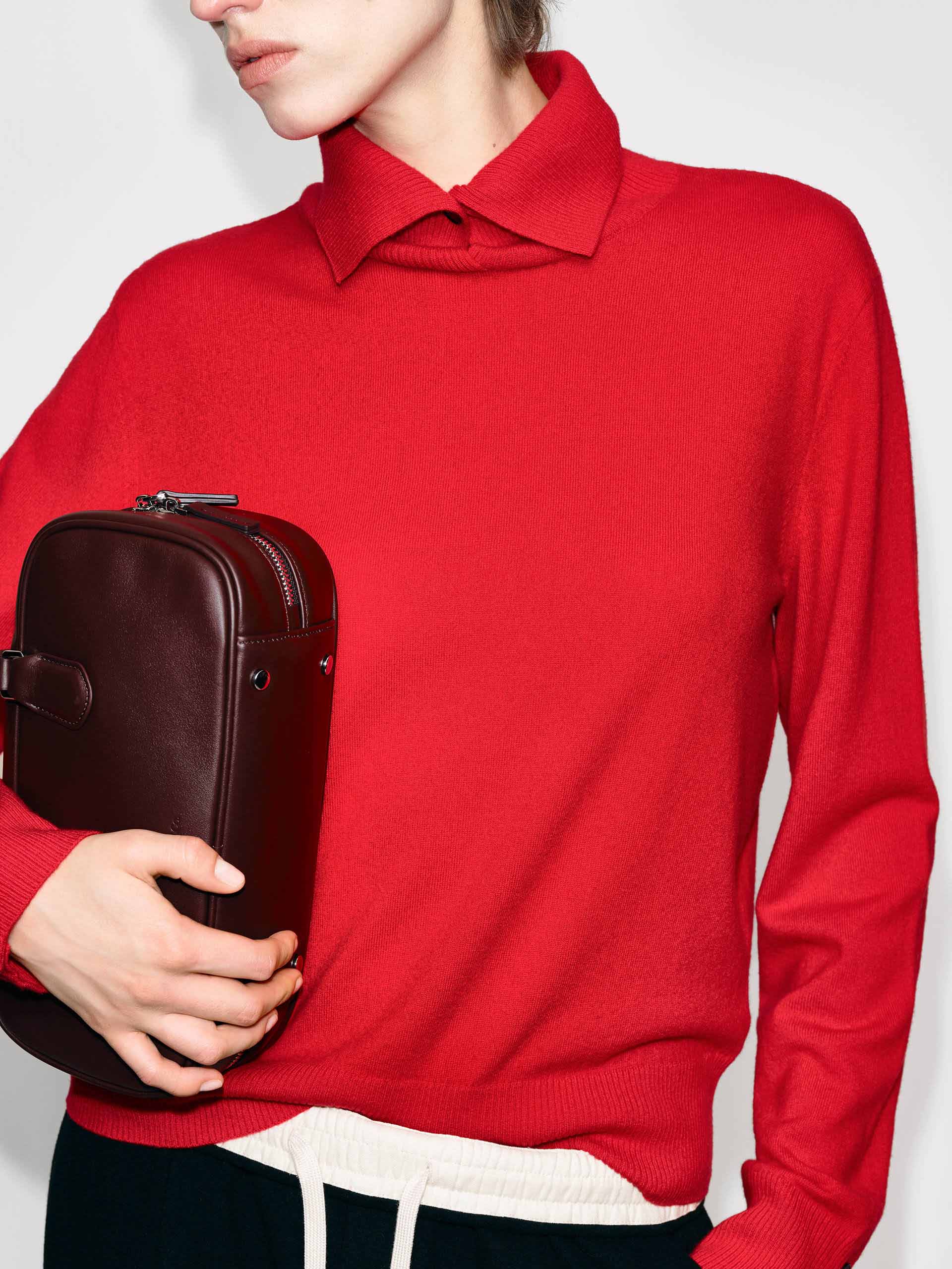 MO&Co. Women's Wool & Cashmere Ribbed Collar Sweater in Red