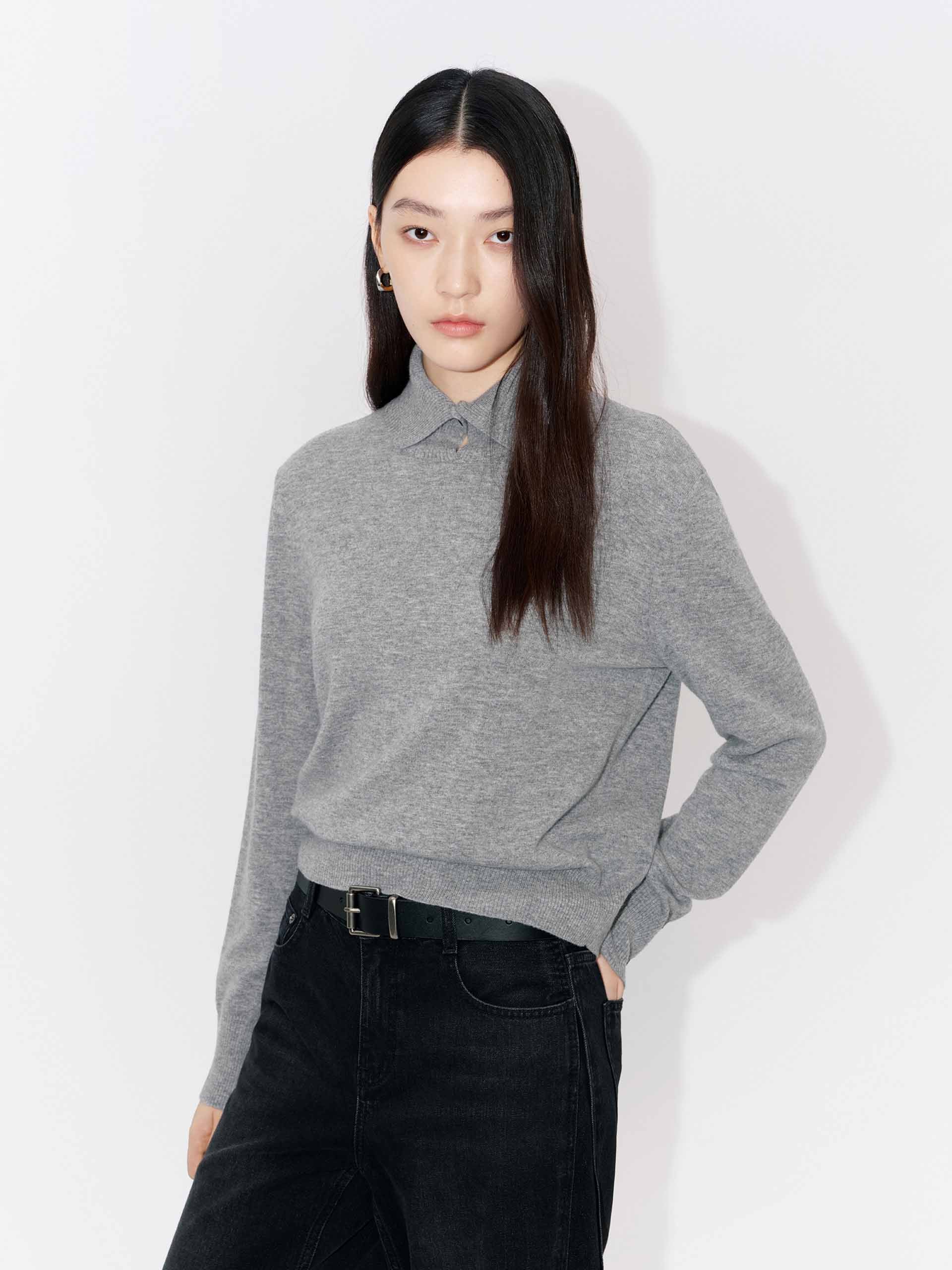 MO&Co. Women's Wool & Cashmere Ribbed Collar Sweater in Light Grey