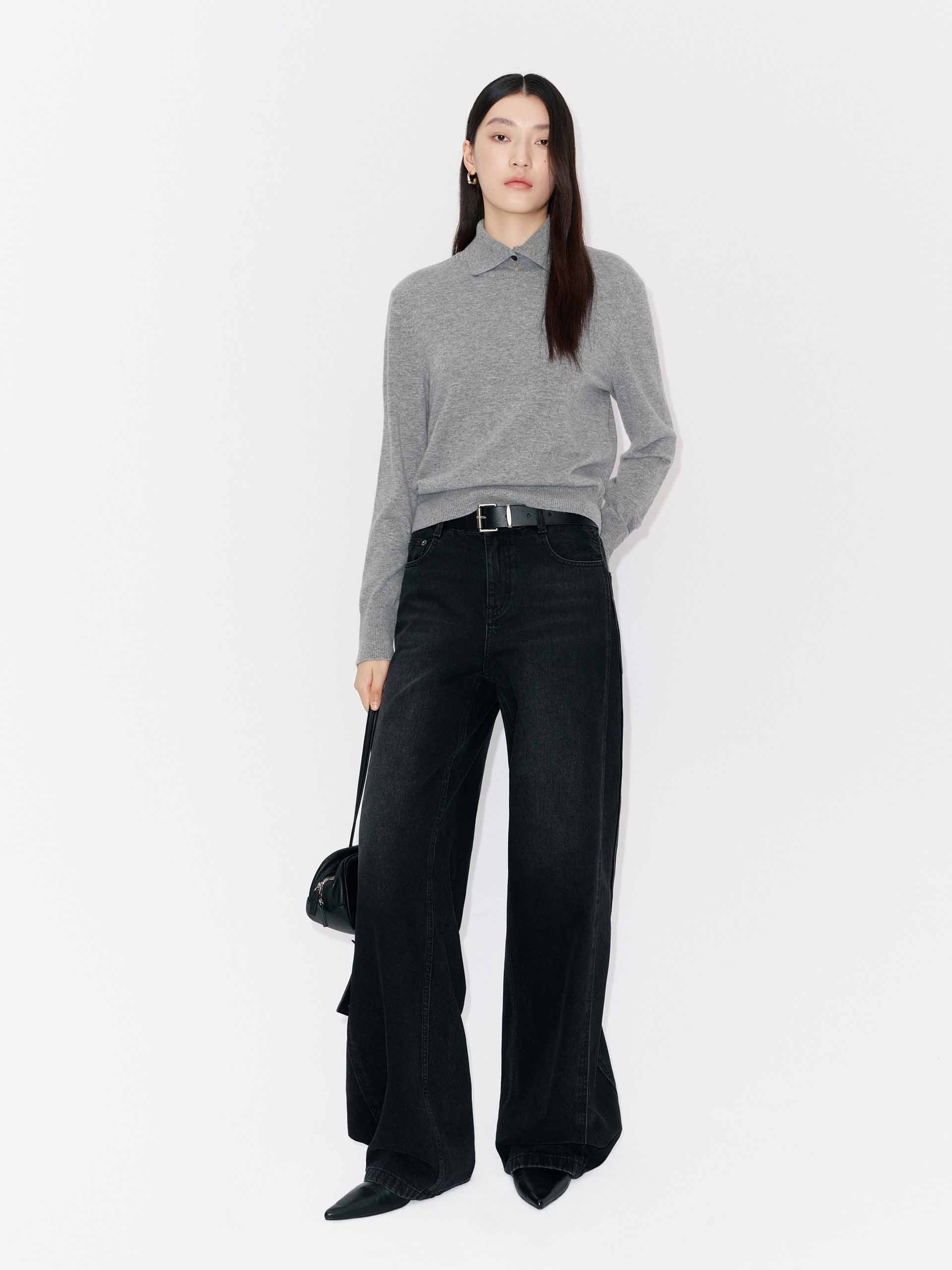 MO&Co. Women's Wool & Cashmere Ribbed Collar Sweater in Light Grey