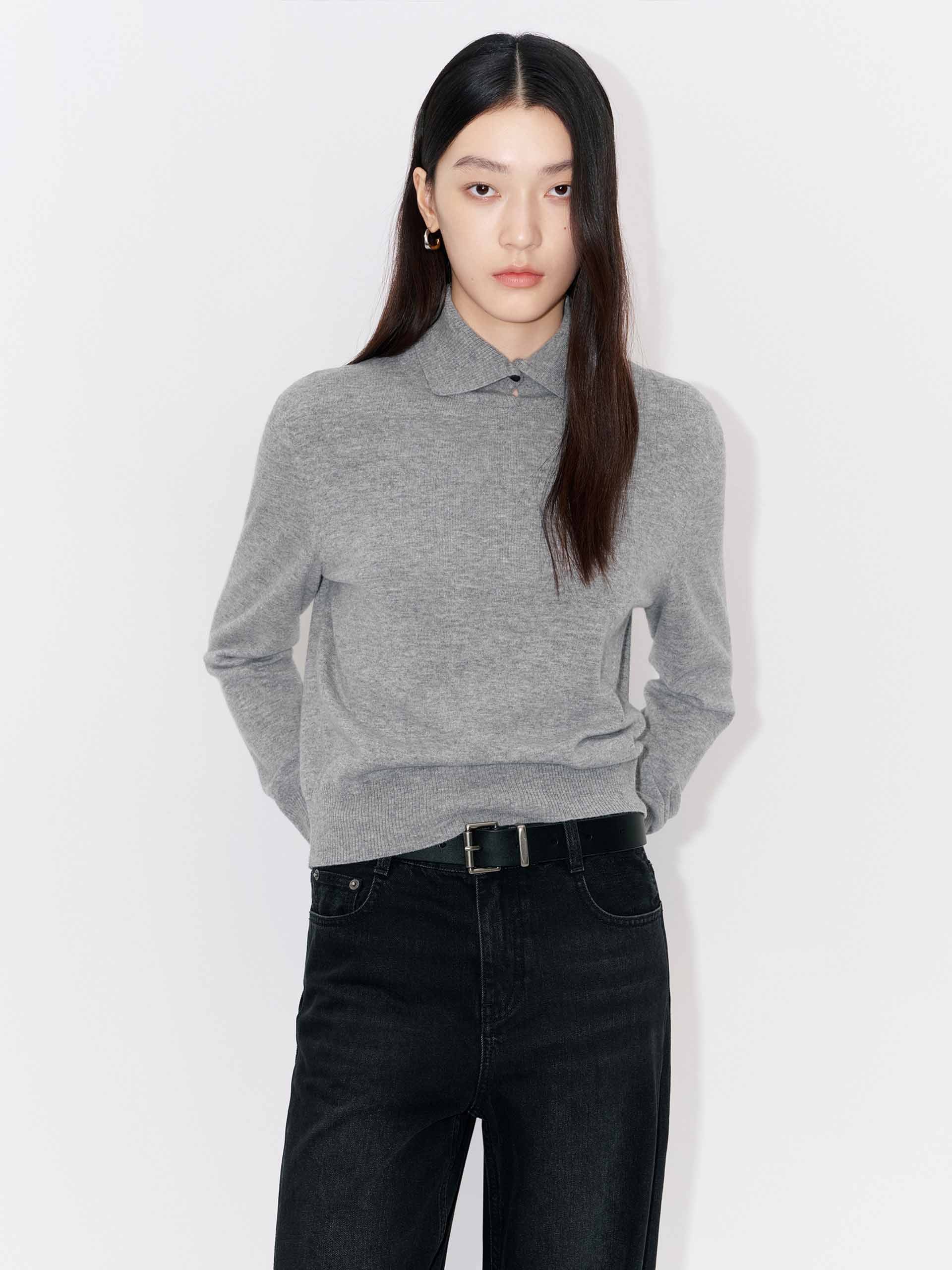 MO&Co. Women's Wool & Cashmere Ribbed Collar Sweater in Light Grey