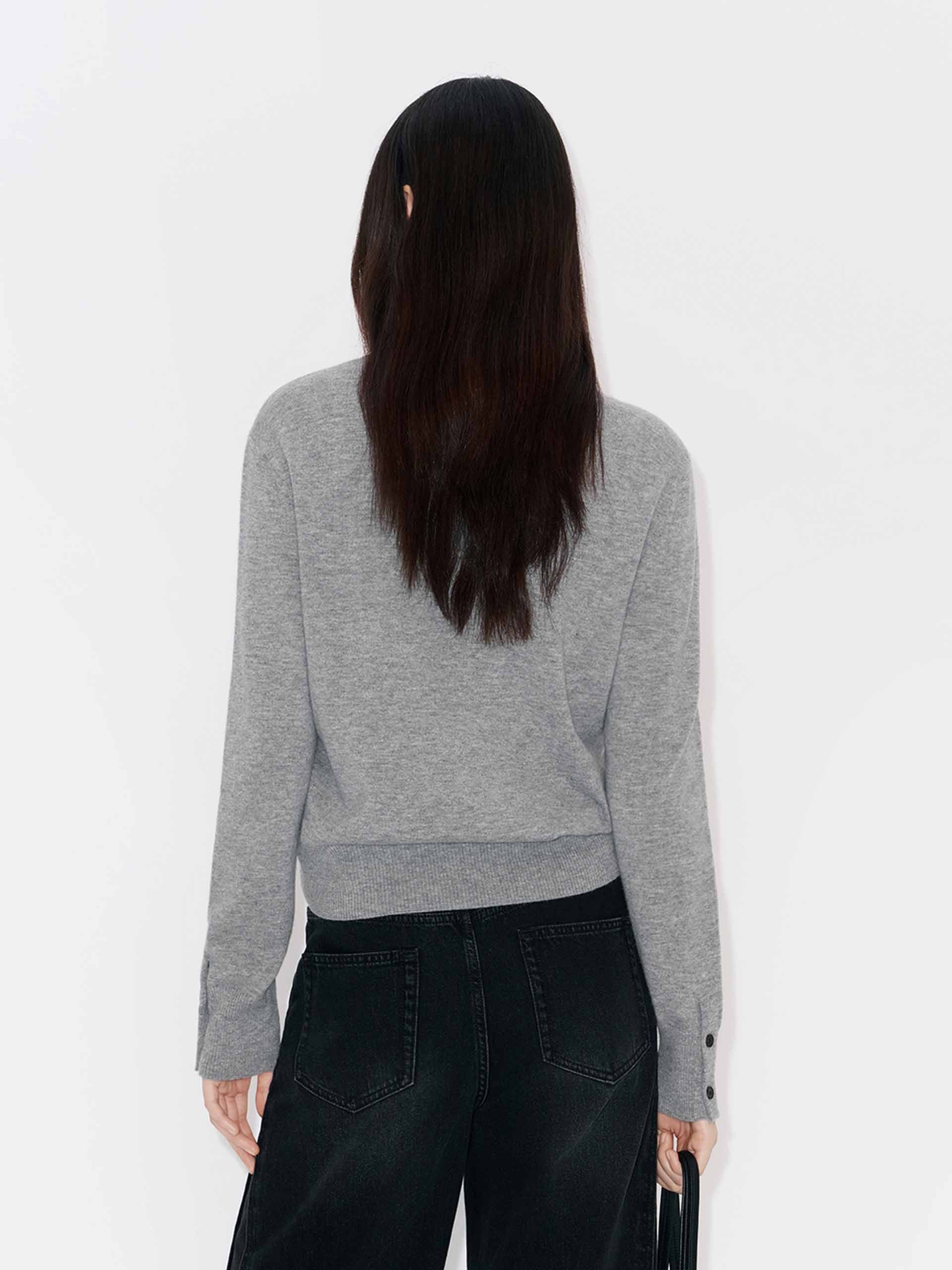 MO&Co. Women's Wool & Cashmere Ribbed Collar Sweater in Light Grey