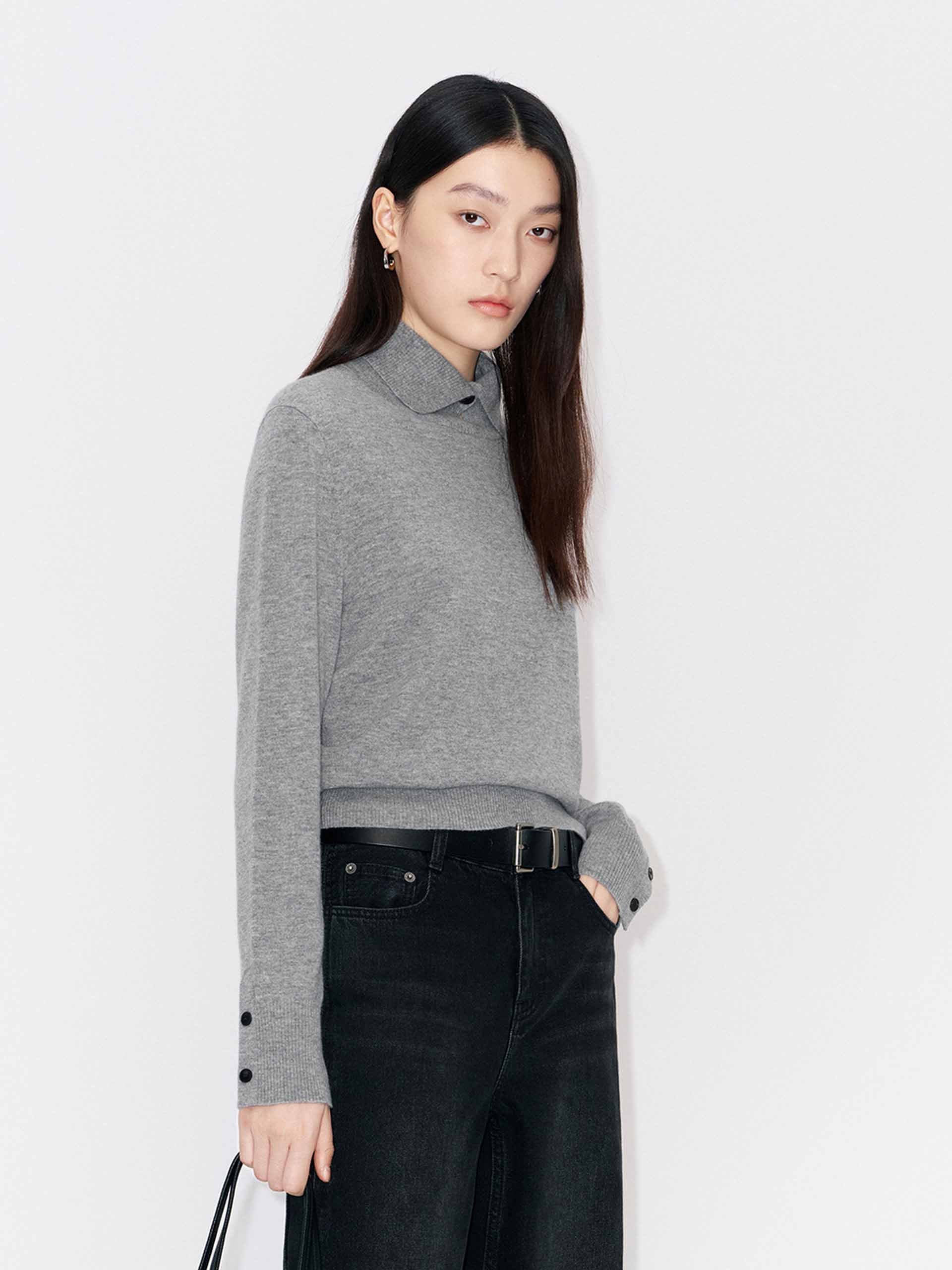 MO&Co. Women's Wool & Cashmere Ribbed Collar Sweater in Light Grey